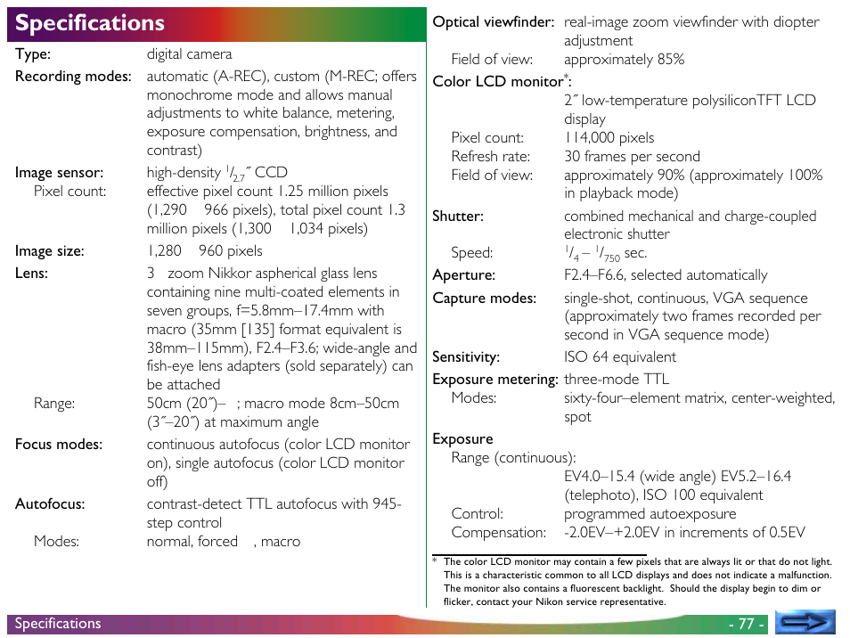Specifications | Nikon 900 User Manual | Page 77 / 79