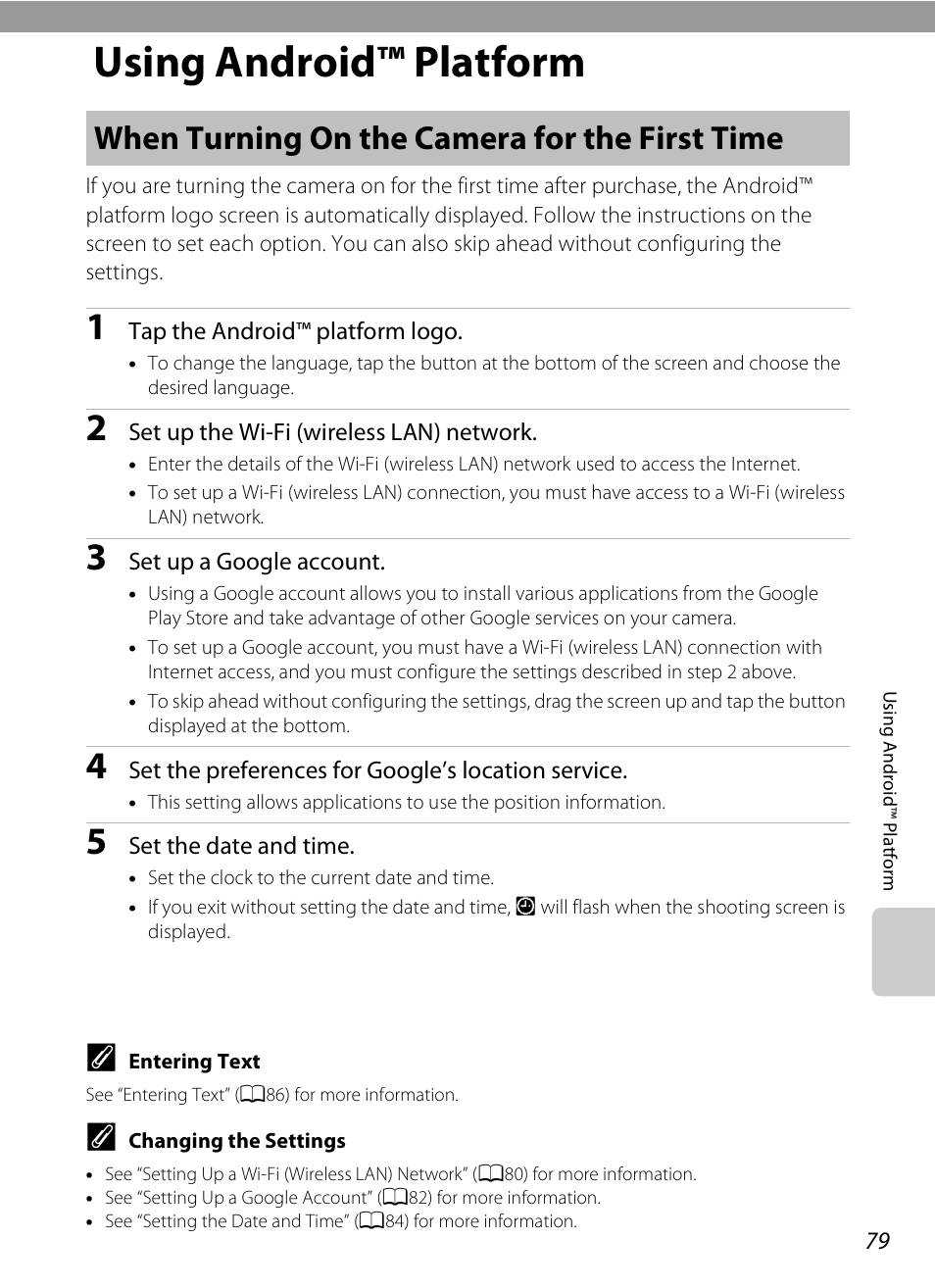 Using android™ platform, When turning on the camera for the first time, A 79) | Nikon S800c User Manual | Page 101 / 224