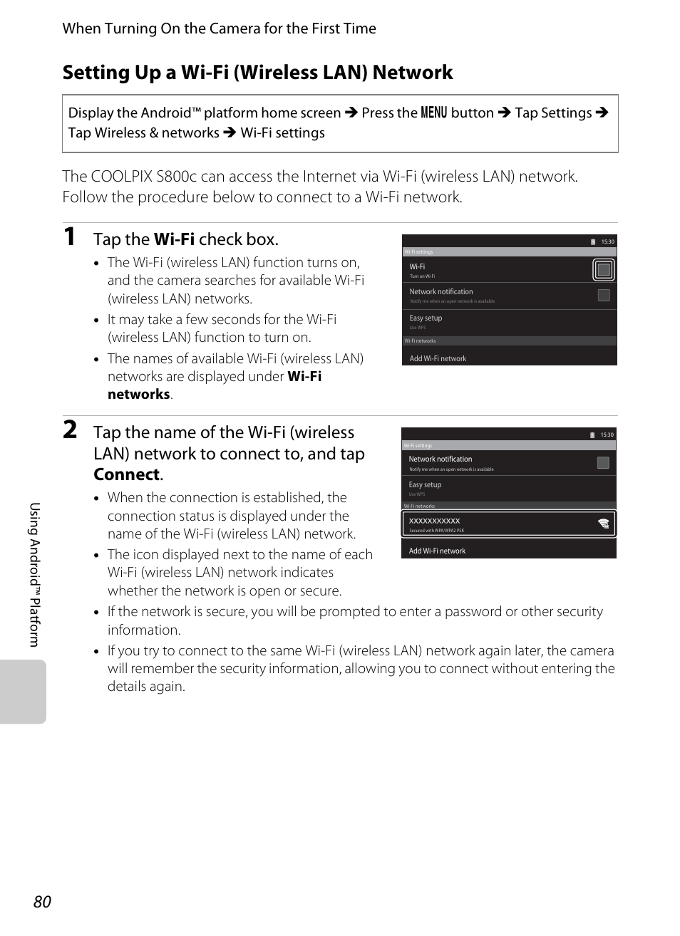 Setting up a wi-fi (wireless lan) network, Tap the wi-fi check box, When turning on the camera for the first time | Nikon S800c User Manual | Page 102 / 224