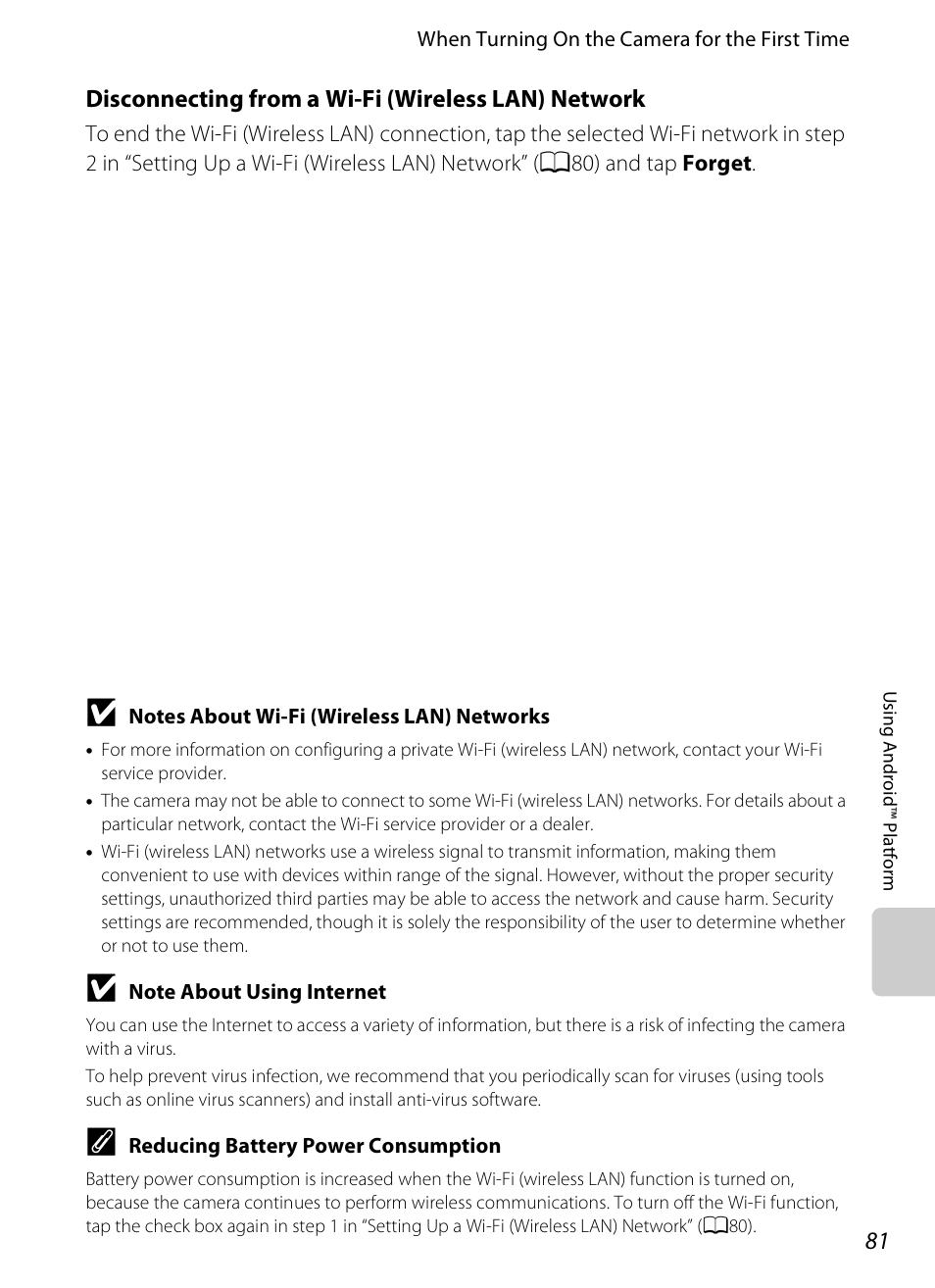 Disconnecting from a wi-fi (wireless lan) network | Nikon S800c User Manual | Page 103 / 224