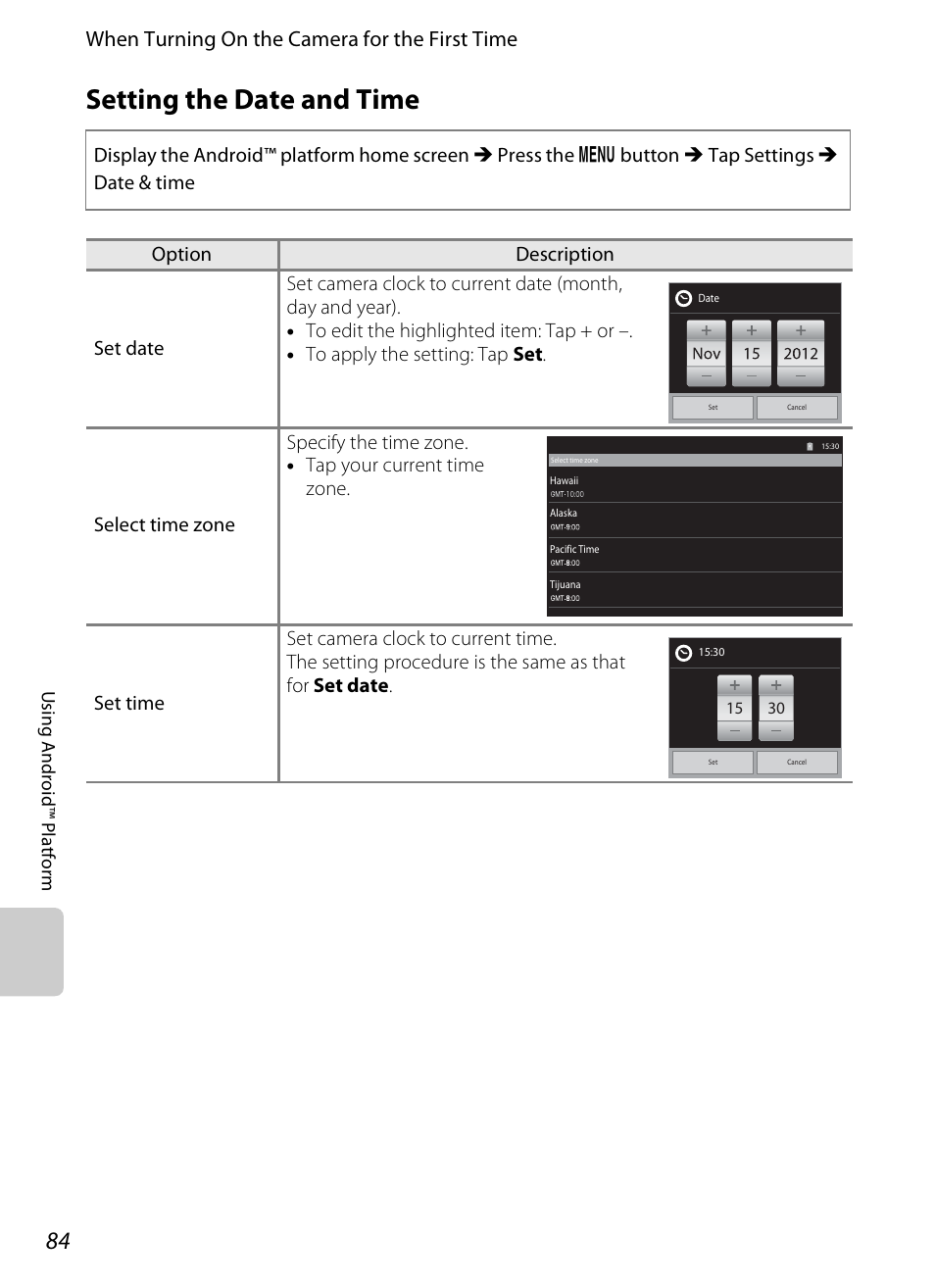 Setting the date and time, See “setting the date and time” (a84) for m, When turning on the camera for the first time | Nikon S800c User Manual | Page 106 / 224