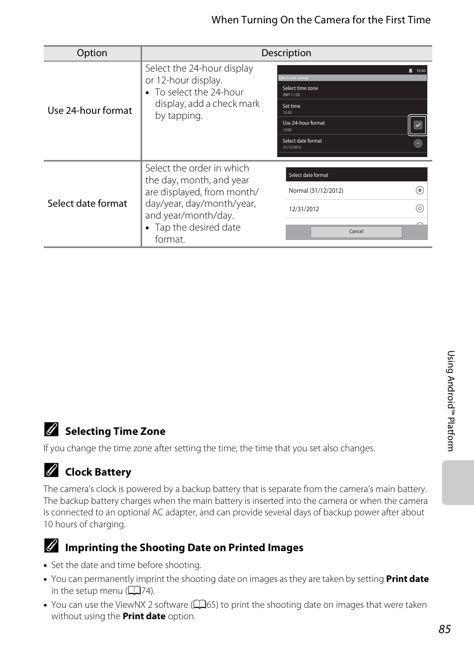 When turning on the camera for the first time, Selecting time zone, Clock battery | Imprinting the shooting date on printed images | Nikon S800c User Manual | Page 107 / 224