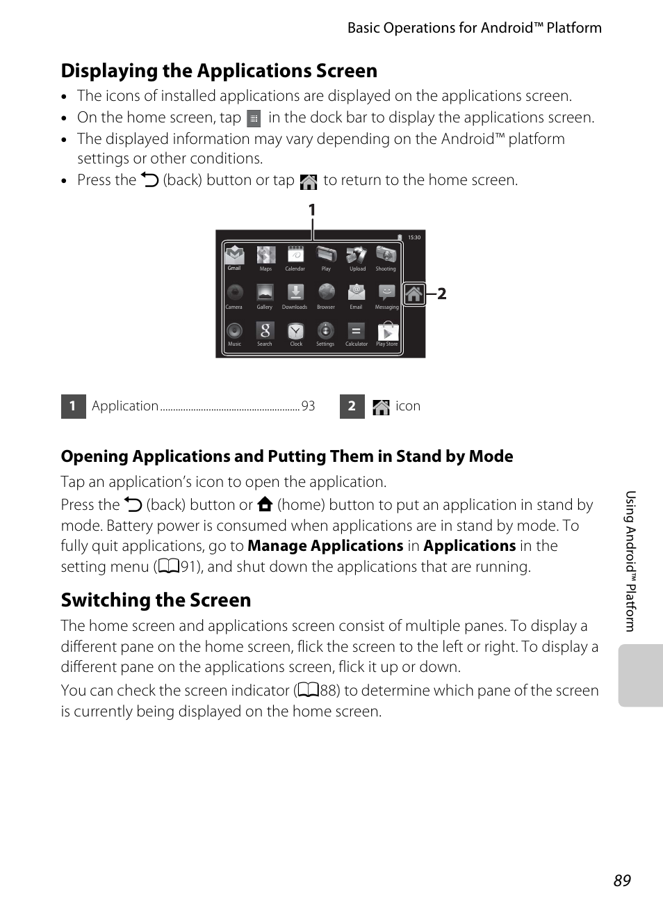 Displaying the applications screen, Switching the screen, Basic operations for android™ platform | 1application 2 icon | Nikon S800c User Manual | Page 111 / 224