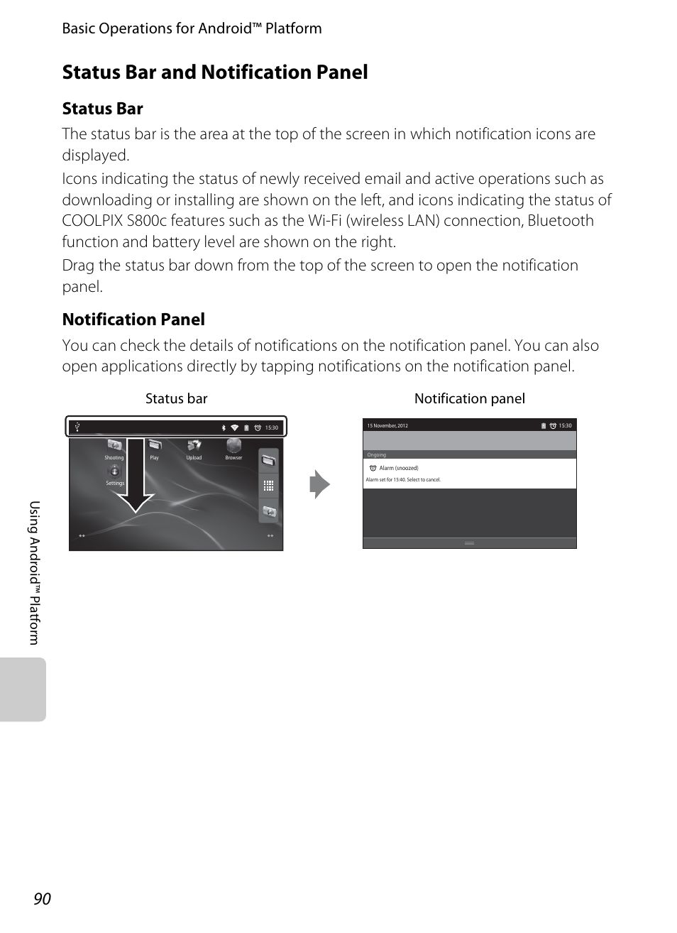 Status bar and notification panel, Status bar, Notification panel | Basic operations for android™ platform, Status bar notification panel | Nikon S800c User Manual | Page 112 / 224