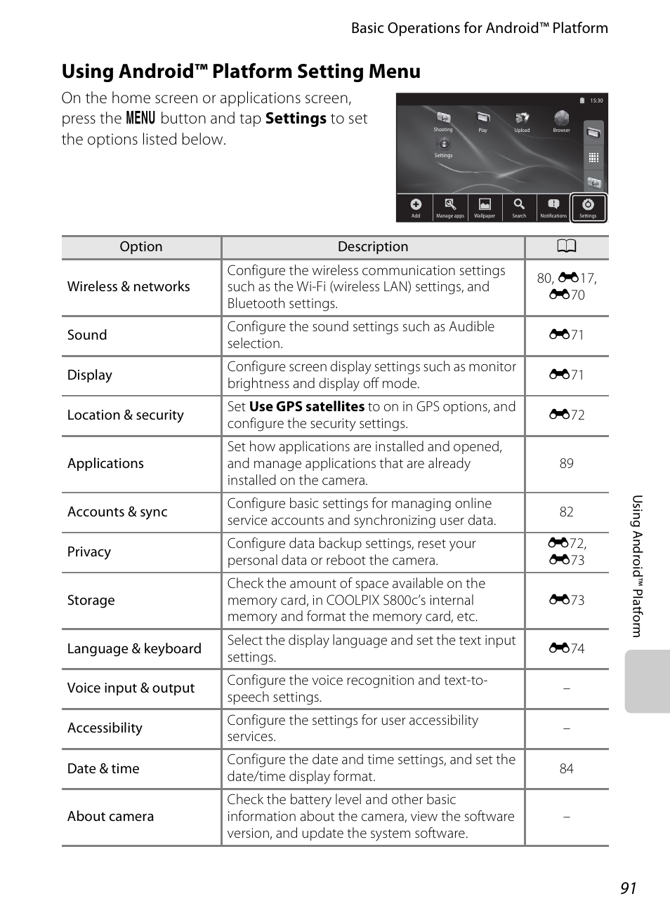 Using android™ platform setting menu, A91), A91) to | Basic operations for android™ platform | Nikon S800c User Manual | Page 113 / 224