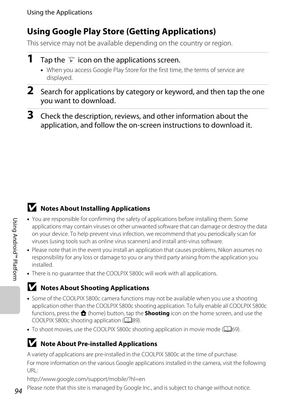 Using google play store (getting applications) | Nikon S800c User Manual | Page 116 / 224
