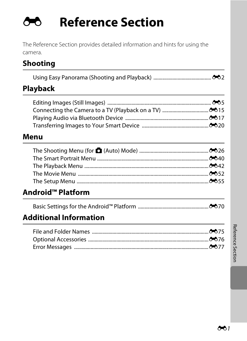 Reference section, Shooting, Playback | Menu, Android™ platform, Additional information | Nikon S800c User Manual | Page 117 / 224