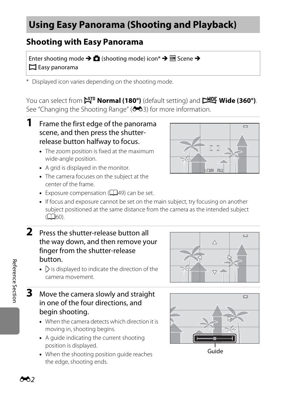 Using easy panorama (shooting and playback), Shooting with easy panorama, Ee “using easy panorama (shooting and playback) | Nikon S800c User Manual | Page 118 / 224