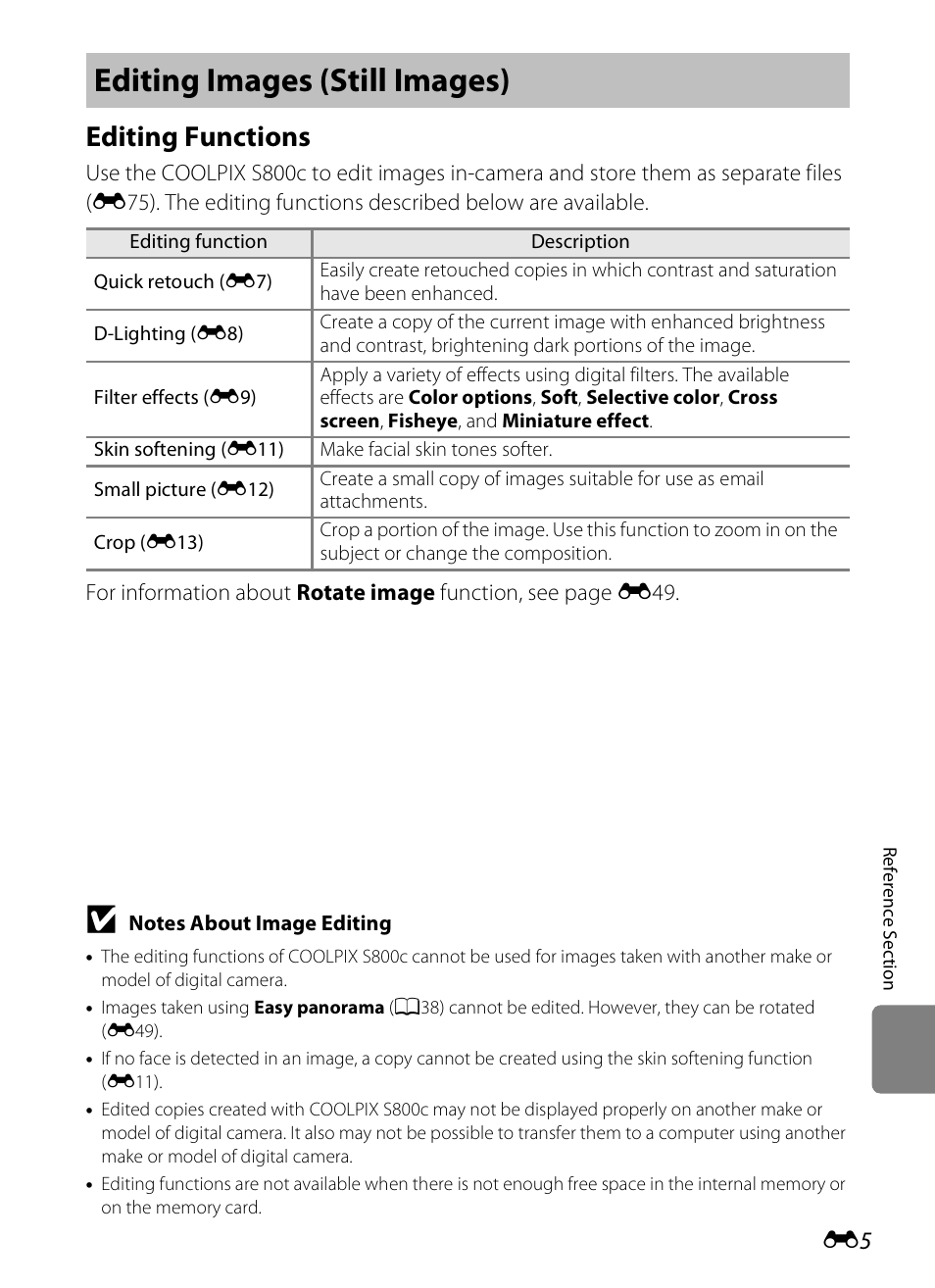 Editing images (still images), Editing functions | Nikon S800c User Manual | Page 121 / 224