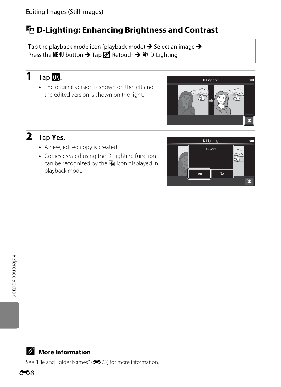 D-lighting: enhancing brightness and contrast, I d-lighting: enhancing brightness and contrast, Tap i | Tap yes | Nikon S800c User Manual | Page 124 / 224