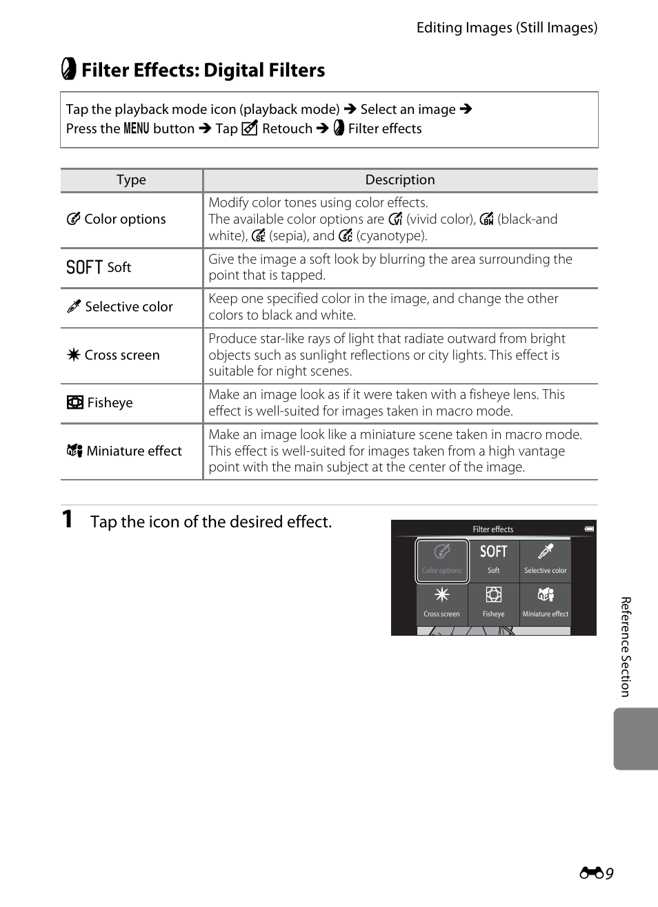 Filter effects: digital filters, I filter effects: digital filters, Tap the icon of the desired effect | Nikon S800c User Manual | Page 125 / 224