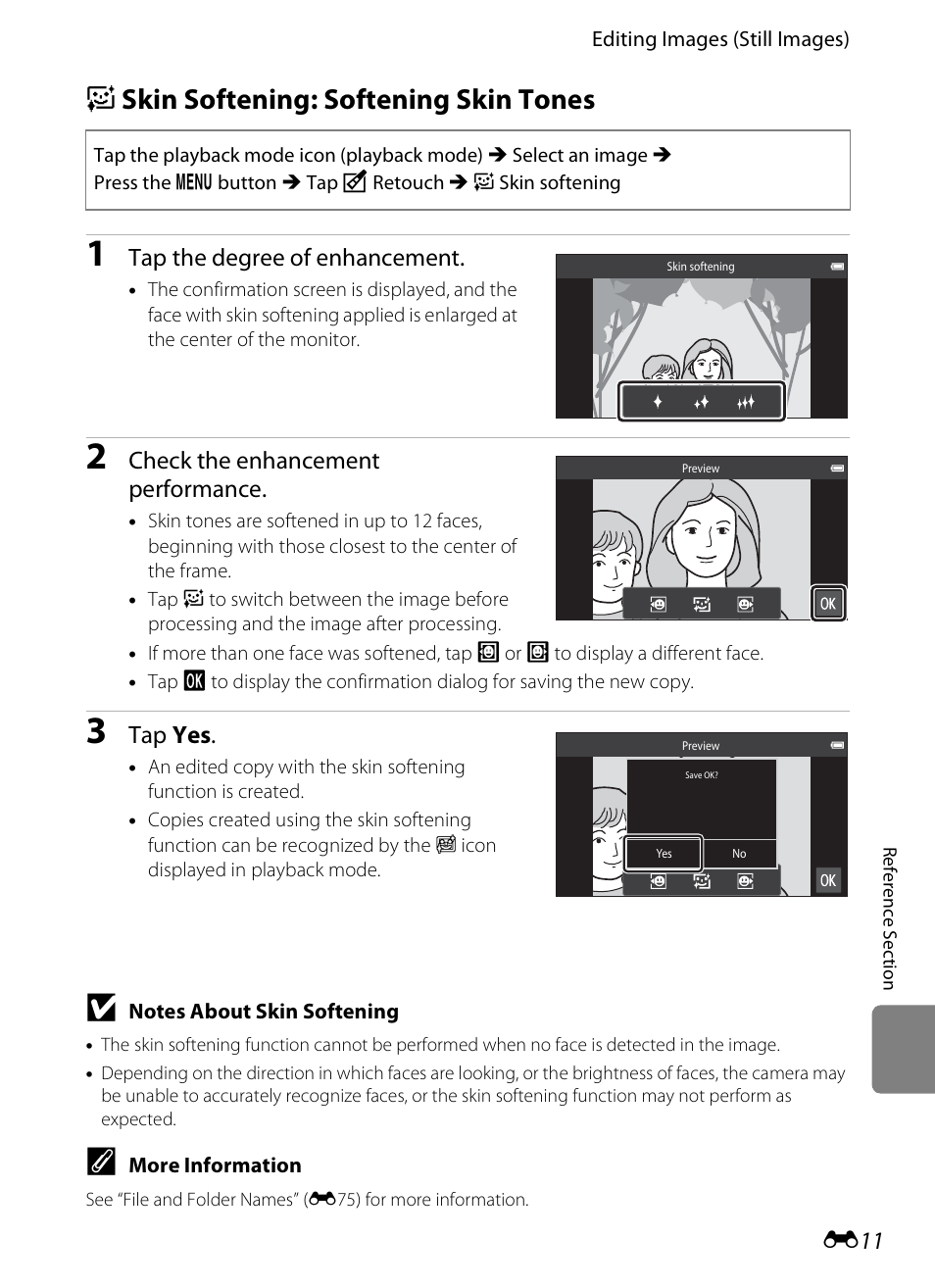 Skin softening: softening skin tones, E skin softening: softening skin tones, E11) | Tap the degree of enhancement, Check the enhancement performance, Tap yes | Nikon S800c User Manual | Page 127 / 224