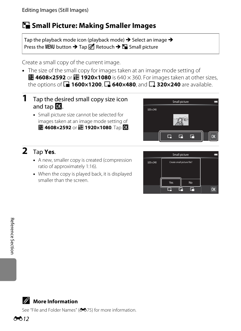 Small picture: making smaller images, G small picture: making smaller images, E12) | Tap the desired small copy size icon and tap i, Tap yes | Nikon S800c User Manual | Page 128 / 224