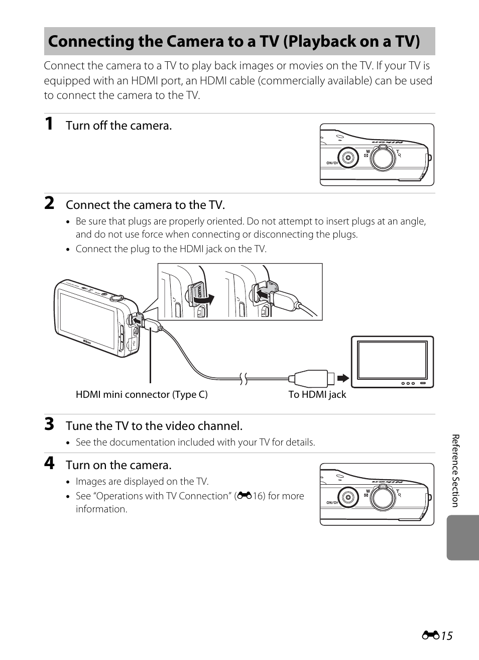 Connecting the camera to a tv (playback on a tv) | Nikon S800c User Manual | Page 131 / 224