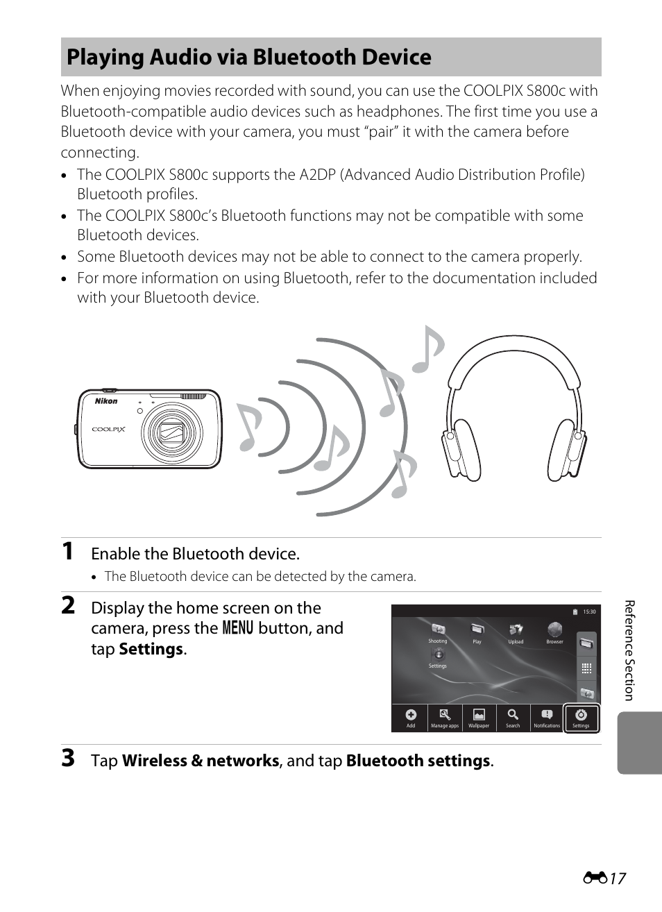 Playing audio via bluetooth device, Enable the bluetooth device | Nikon S800c User Manual | Page 133 / 224