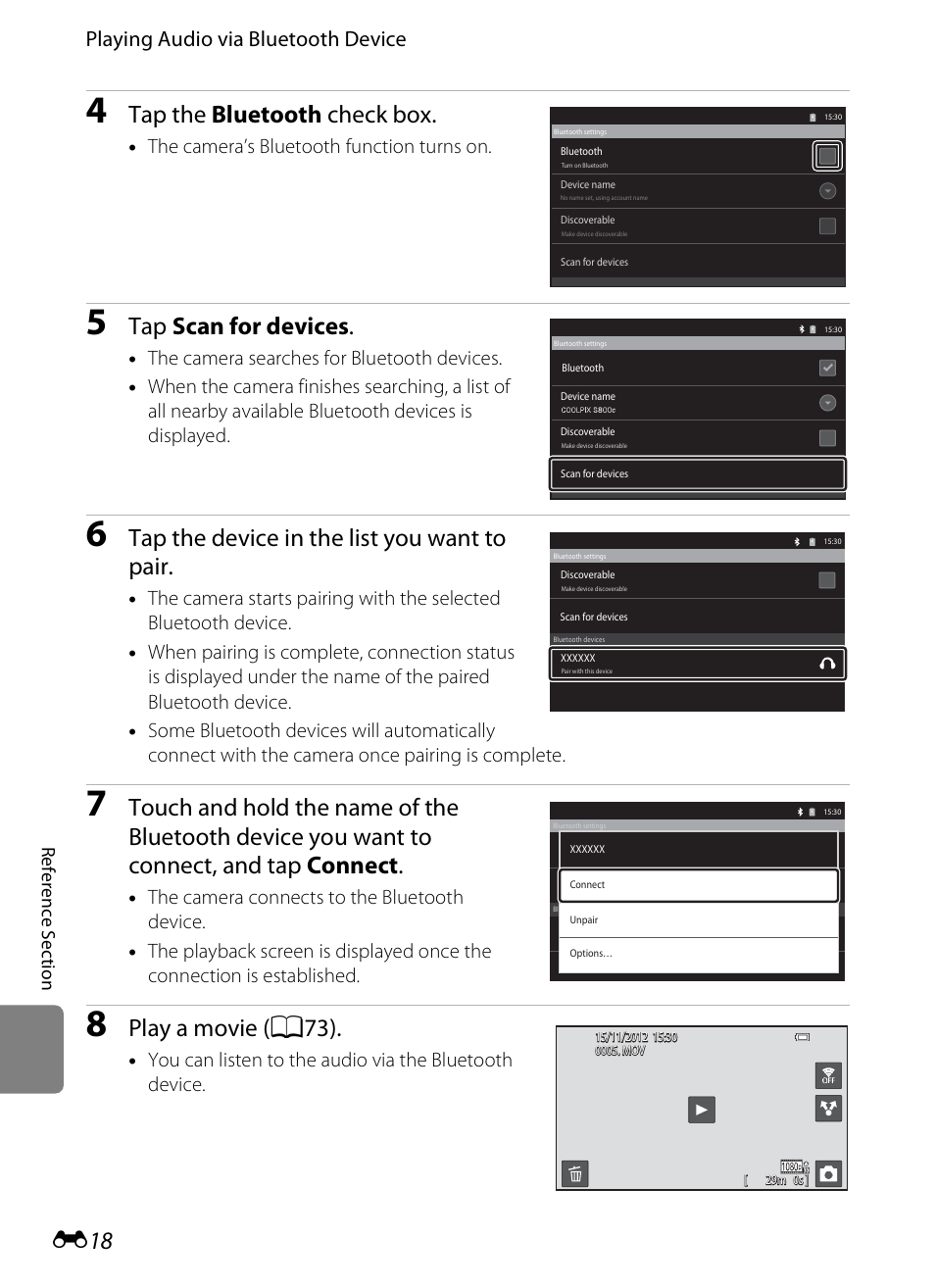 Tap the bluetooth check box, Tap scan for devices, Tap the device in the list you want to pair | Play a movi e (a73 ), Playing audio via bluetooth device, The camera’s bluetooth function turns on | Nikon S800c User Manual | Page 134 / 224