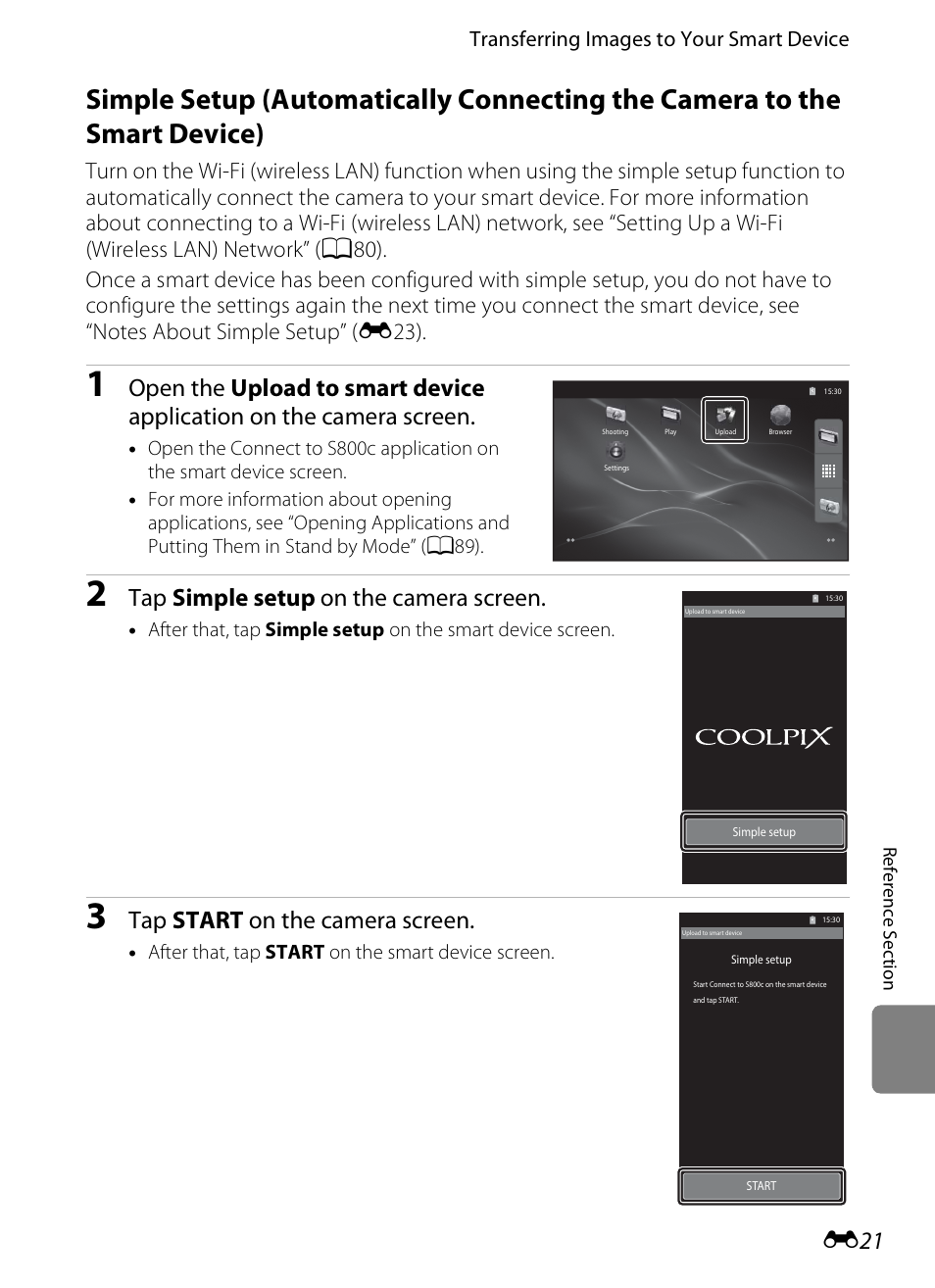 Tap simple setup on the camera screen, Tap start on the camera screen, Transferring images to your smart device | Nikon S800c User Manual | Page 137 / 224