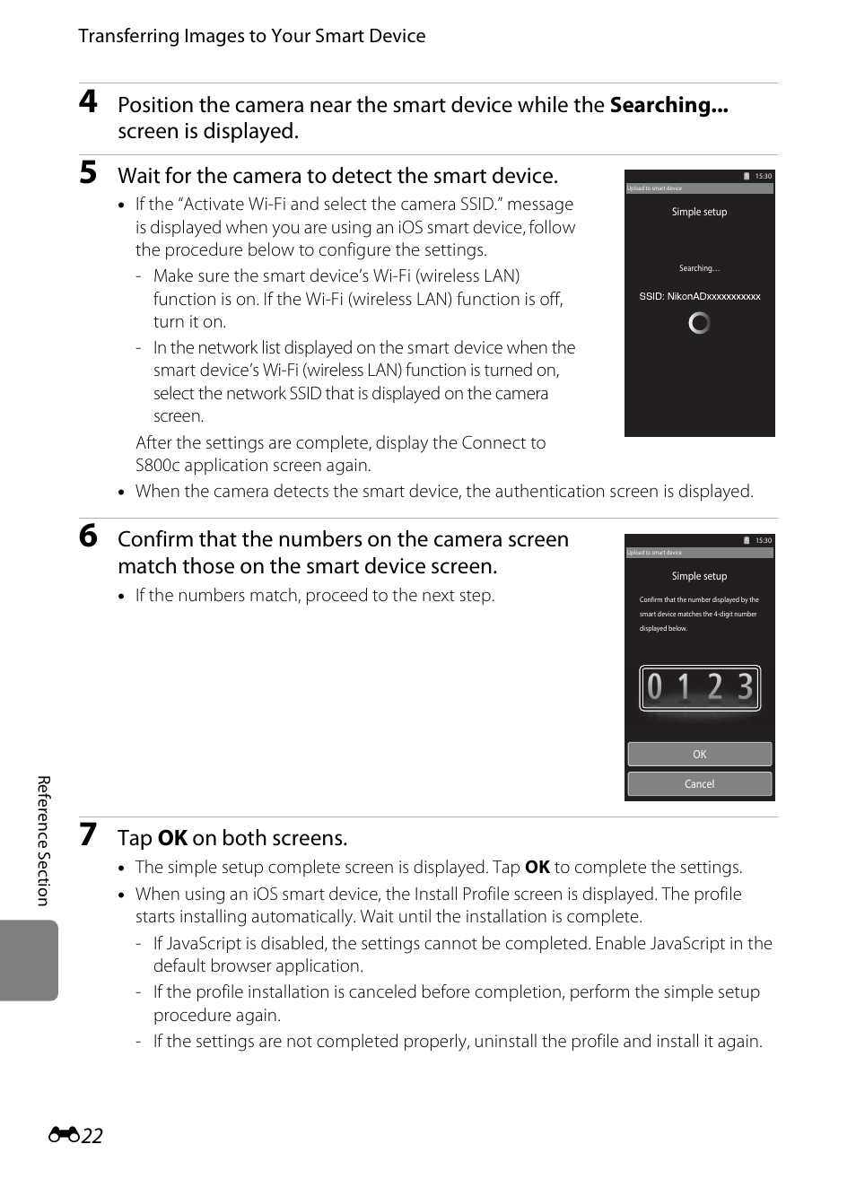 Wait for the camera to detect the smart device, Tap ok on both screens | Nikon S800c User Manual | Page 138 / 224