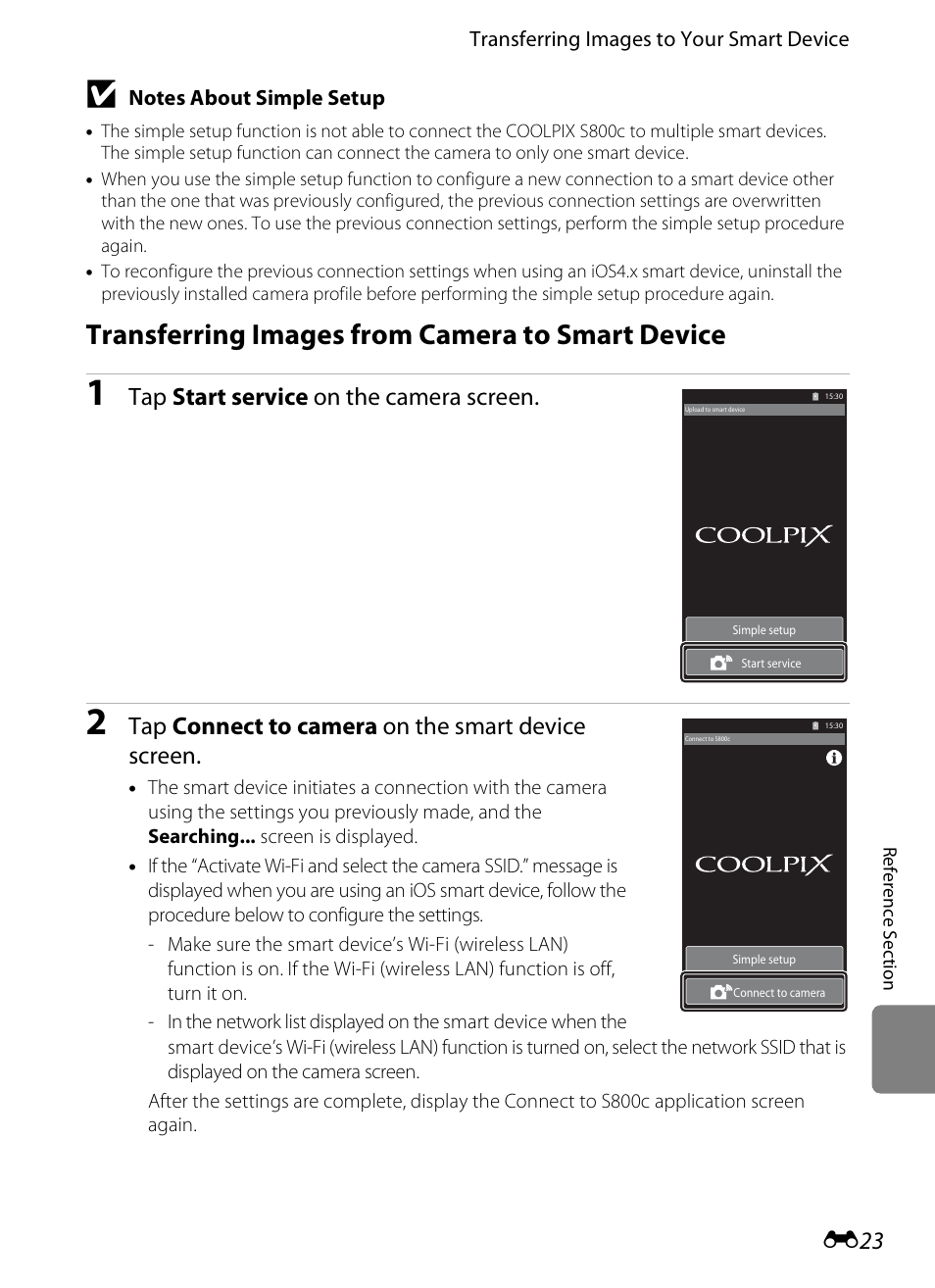 Transferring images from camera to smart device, Notes about simple setup, E23) | Tap start service on the camera screen, Tap connect to camera on the smart device screen | Nikon S800c User Manual | Page 139 / 224