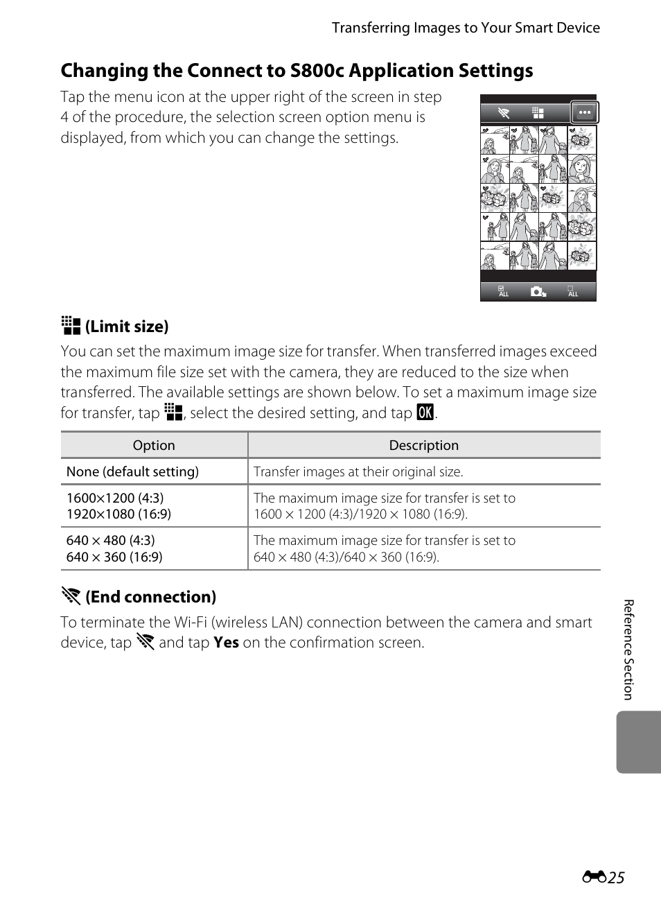 Changing the connect to s800c application settings, E (limit size), A (end connection) | Nikon S800c User Manual | Page 141 / 224