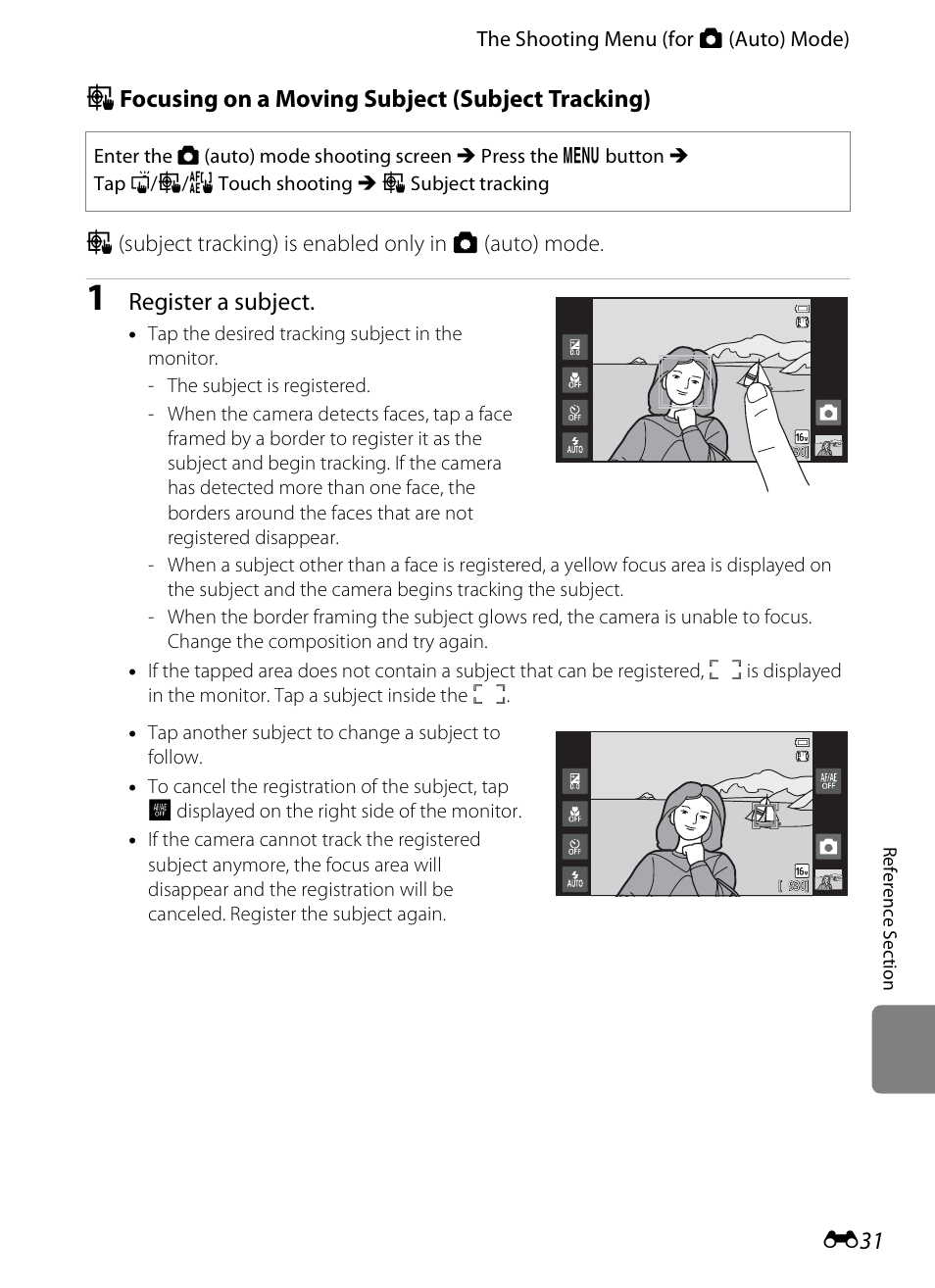 S focusing on a moving subject (subject tracking), Register a subject | Nikon S800c User Manual | Page 147 / 224