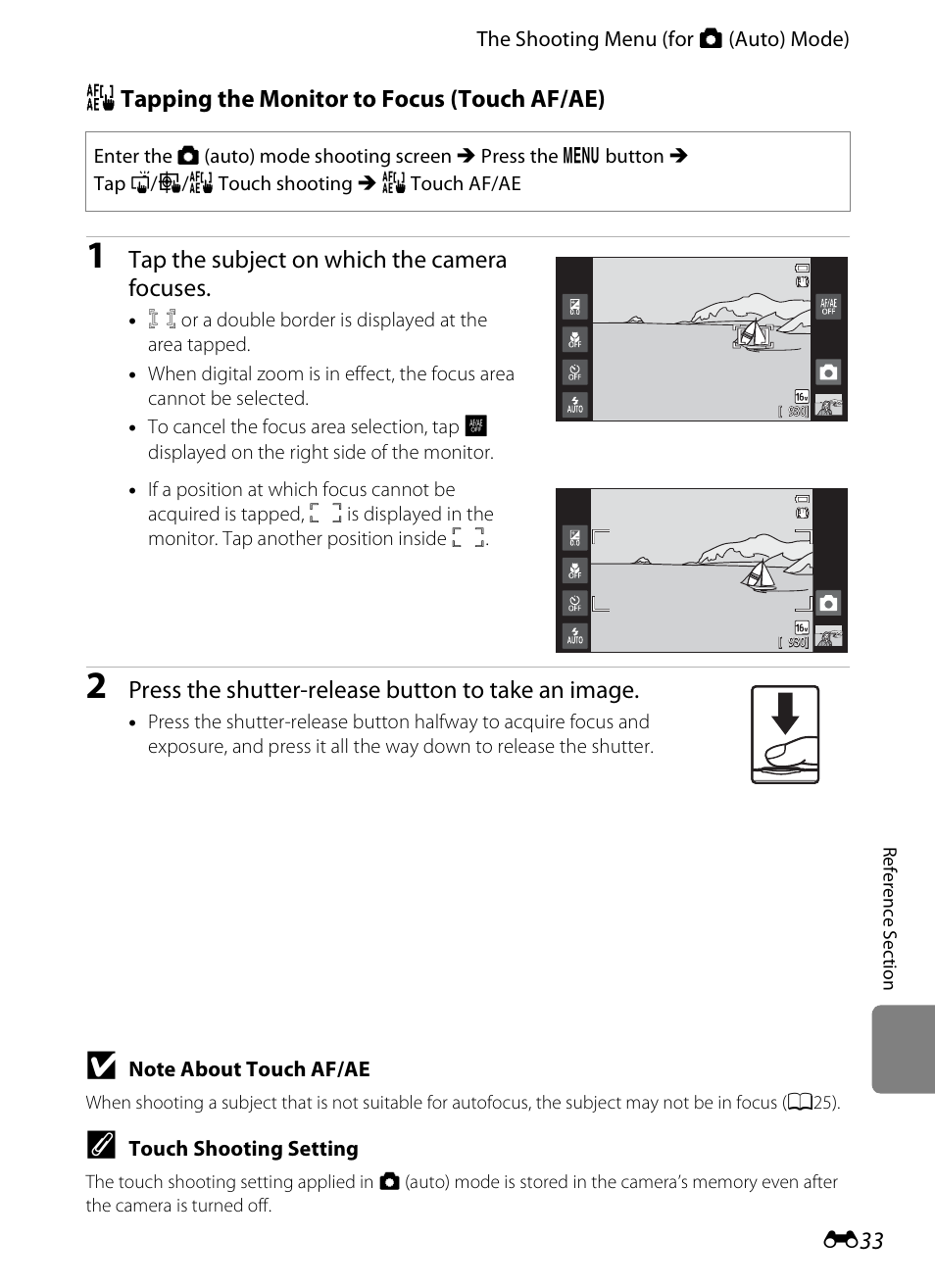 R tapping the monitor to focus (touch af/ae), Tap the subject on which the camera focuses, Press the shutter-release button to take an image | Nikon S800c User Manual | Page 149 / 224