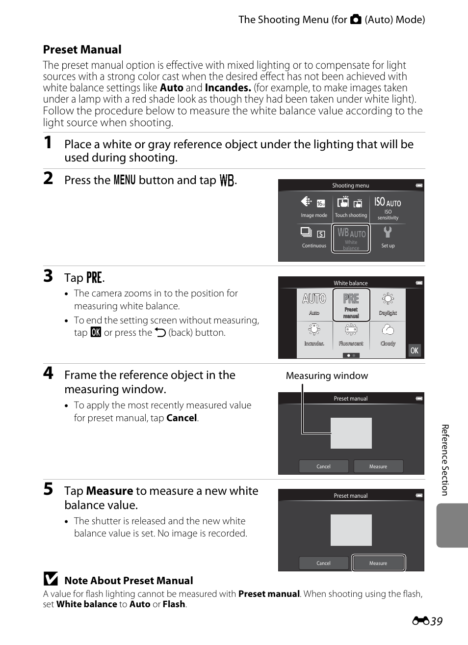 E “preset manual, E39), Preset manual | Press the d button and tap w, Tap b, Frame the reference object in the measuring window, Tap measure to measure a new white balance value, The shooting menu (for a (auto) mode) | Nikon S800c User Manual | Page 155 / 224