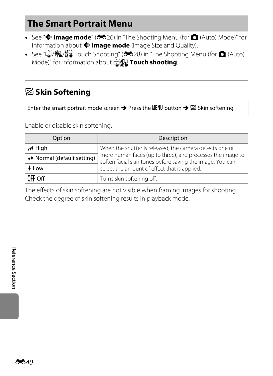 The smart portrait menu, Skin softening, E skin softening | Nikon S800c User Manual | Page 156 / 224