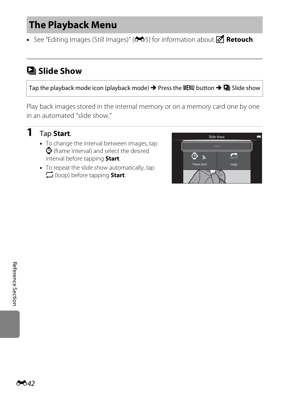 The playback menu, Slide show, B slide show | Tap start | Nikon S800c User Manual | Page 158 / 224