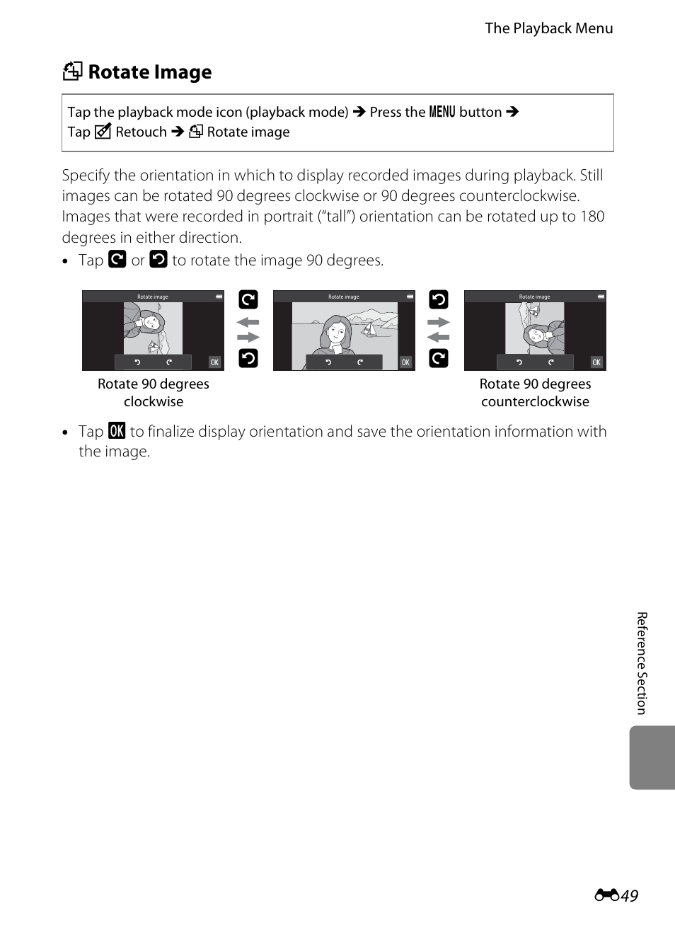 Rotate image, F rotate image, E49) | Nikon S800c User Manual | Page 165 / 224