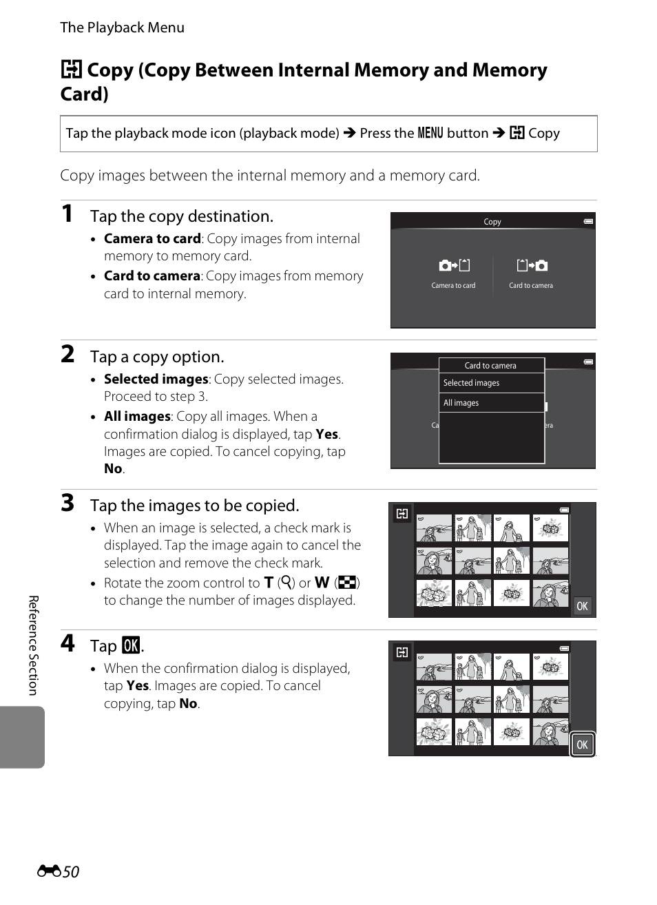 Tap the copy destination, Tap a copy option, Tap the images to be copied | Tap i | Nikon S800c User Manual | Page 166 / 224