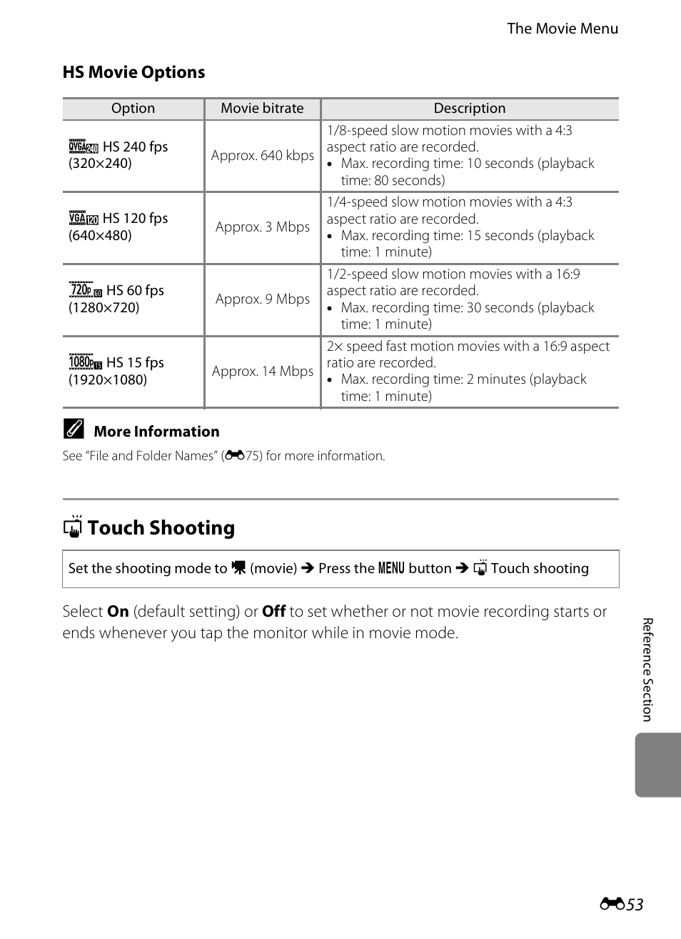 Touch shooting, E53), Q touch shooting | Hs movie options | Nikon S800c User Manual | Page 169 / 224