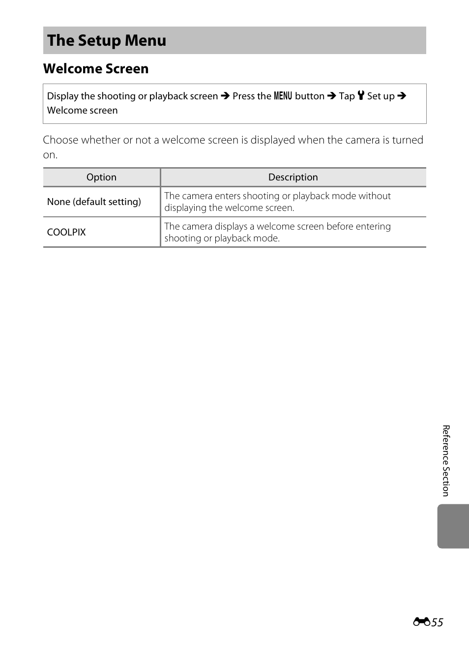 The setup menu, Welcome screen | Nikon S800c User Manual | Page 171 / 224