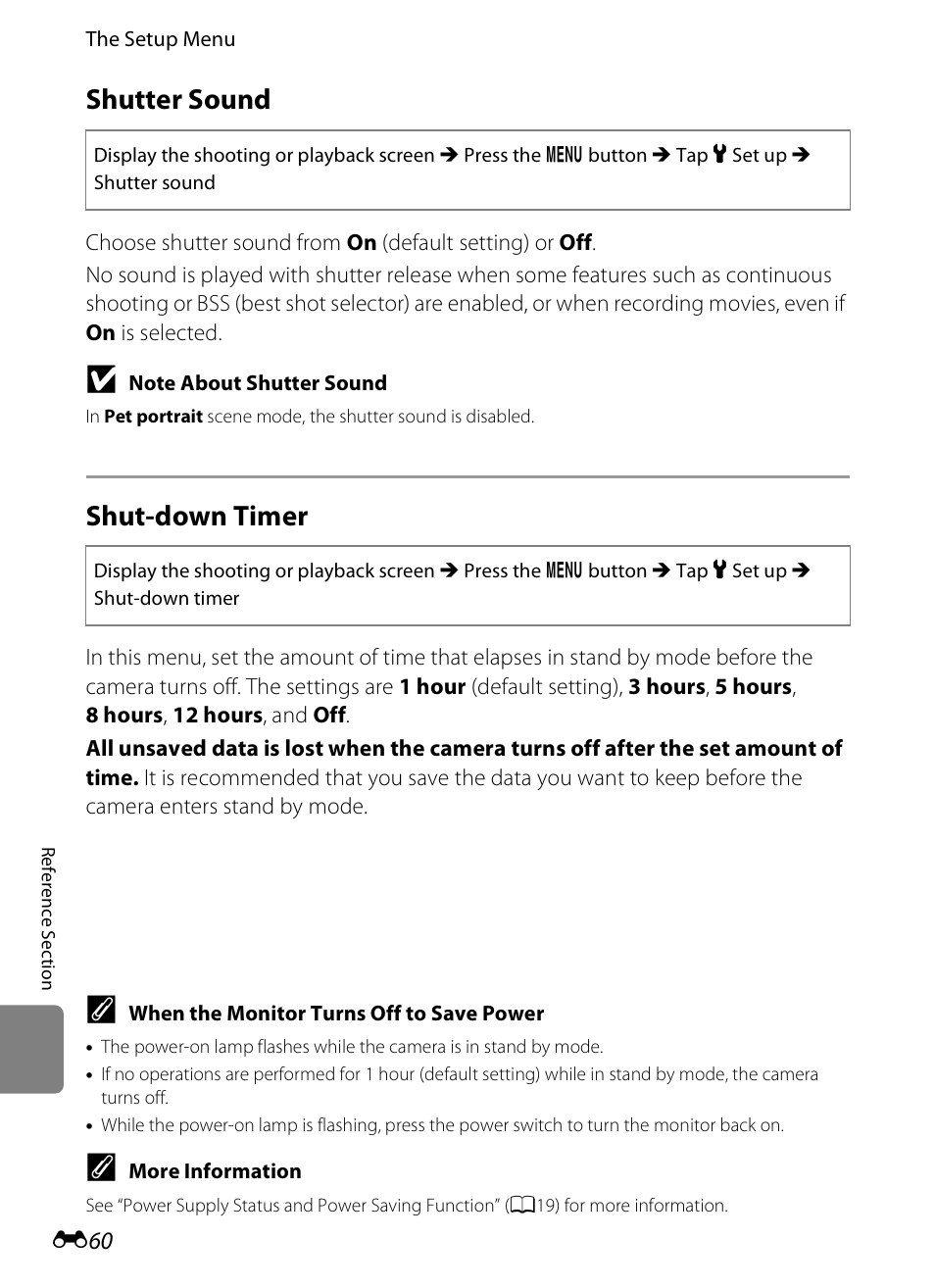 Shutter sound, Shut-down timer, E60) | Nikon S800c User Manual | Page 176 / 224