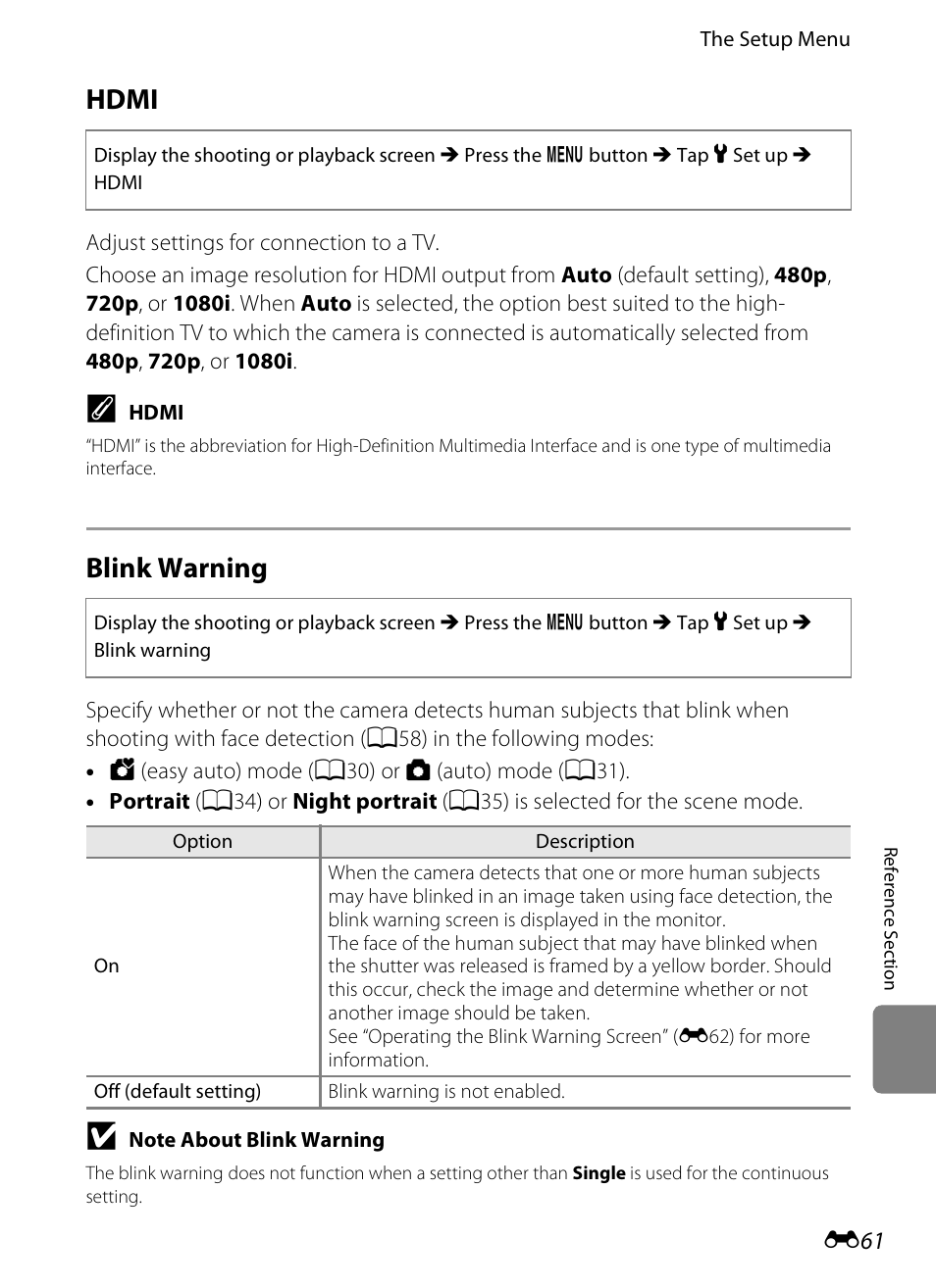 Hdmi, Blink warning | Nikon S800c User Manual | Page 177 / 224