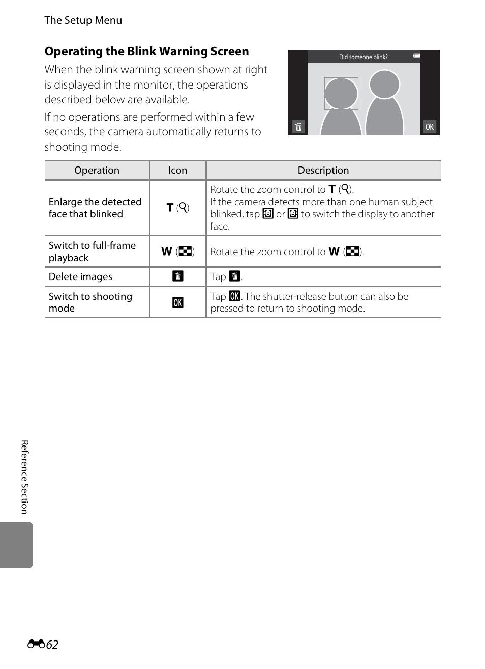 Operating the blink warning screen, E62) fo | Nikon S800c User Manual | Page 178 / 224