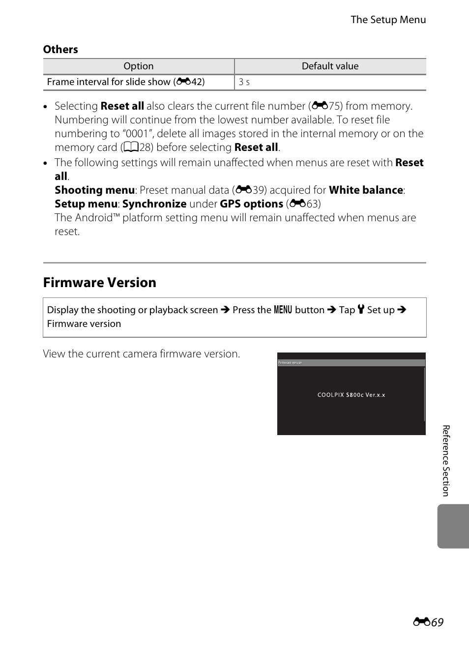 Firmware version, View the current camera firmware version | Nikon S800c User Manual | Page 185 / 224