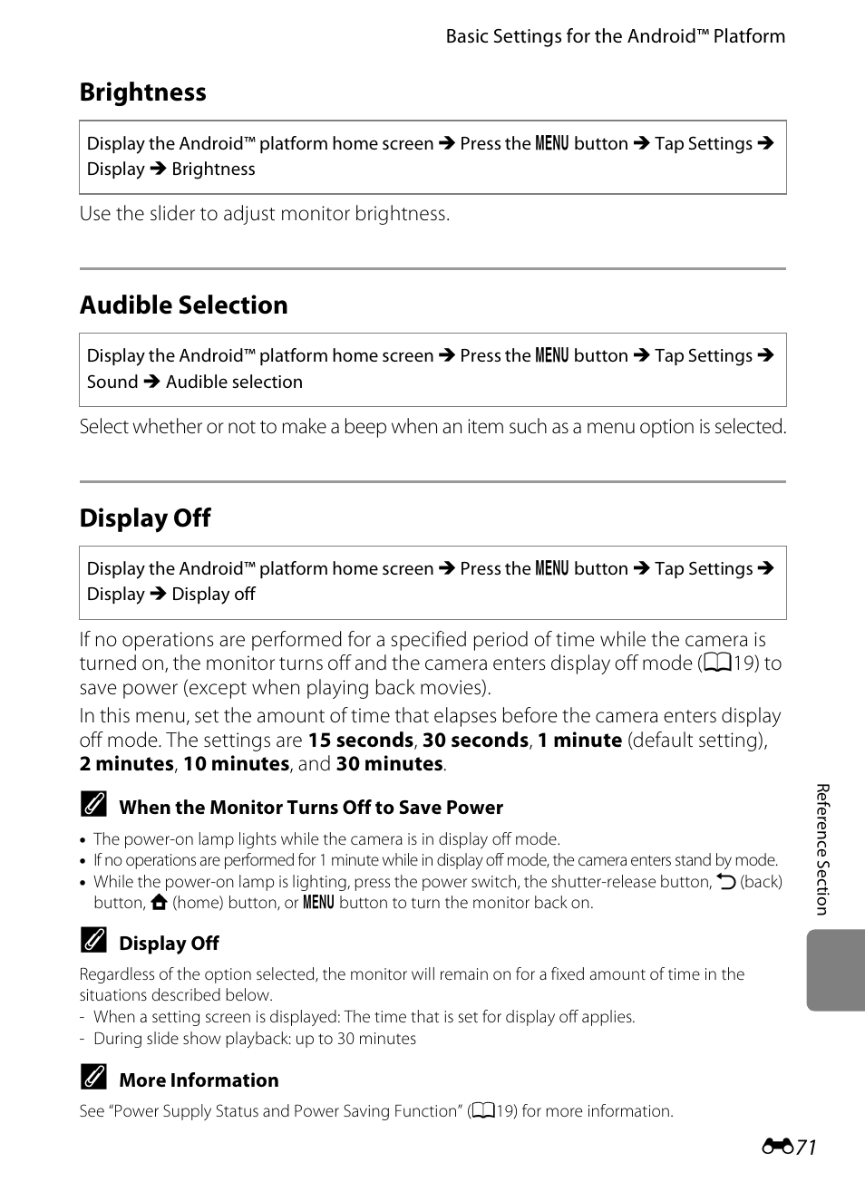 Brightness, Audible selection, Display off | Nikon S800c User Manual | Page 187 / 224