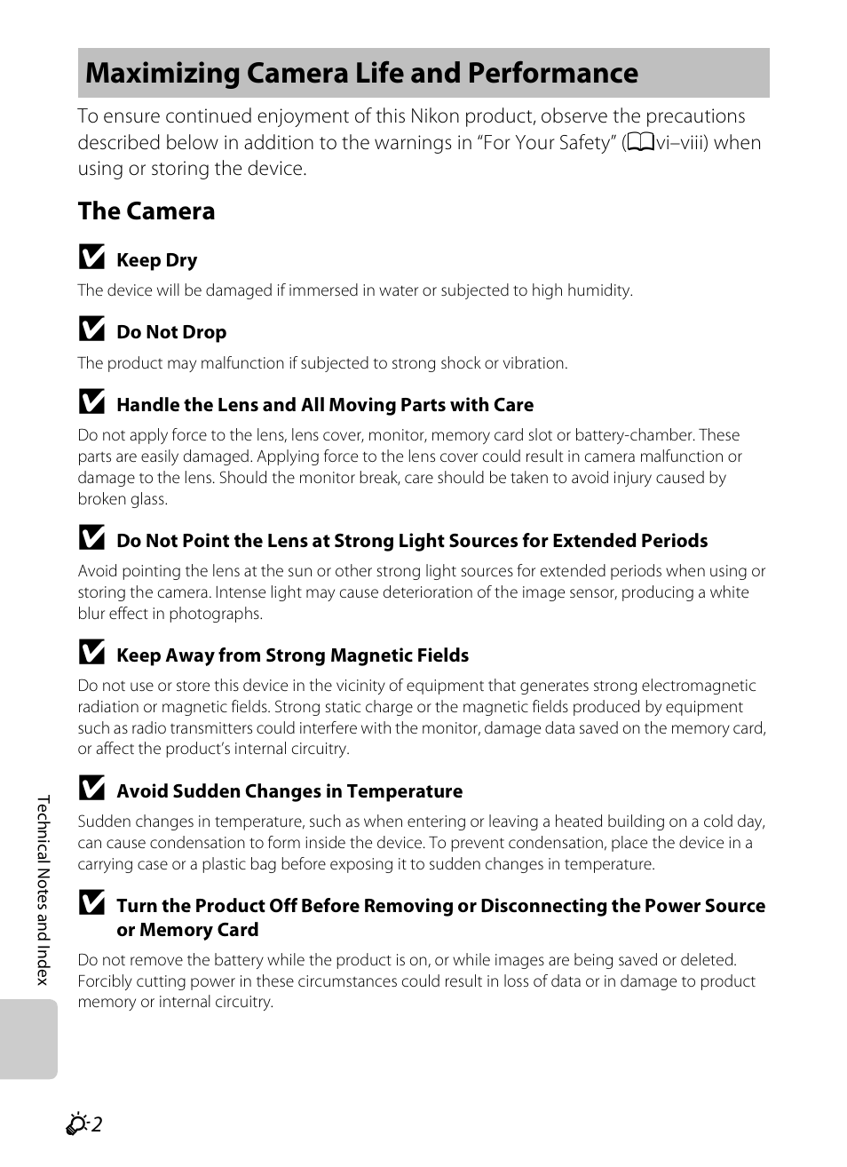 Maximizing camera life and performance, The camera | Nikon S800c User Manual | Page 198 / 224