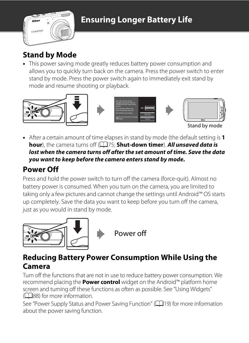 Ensuring longer battery life, Stand by mode, Power off | Nikon S800c User Manual | Page 2 / 224