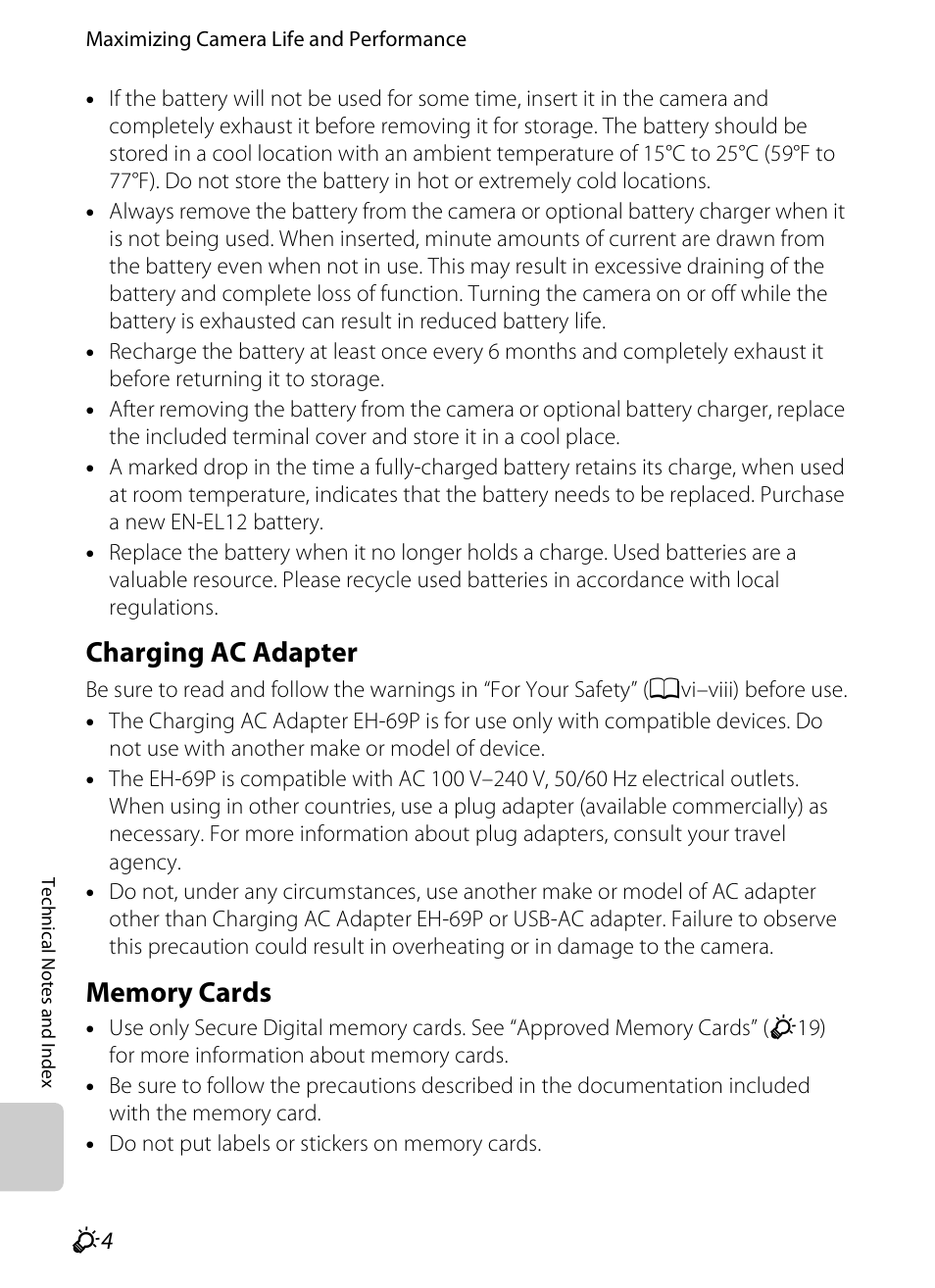 Charging ac adapter, Memory cards, Memory cards” (f4) | F4 memory cards | Nikon S800c User Manual | Page 200 / 224