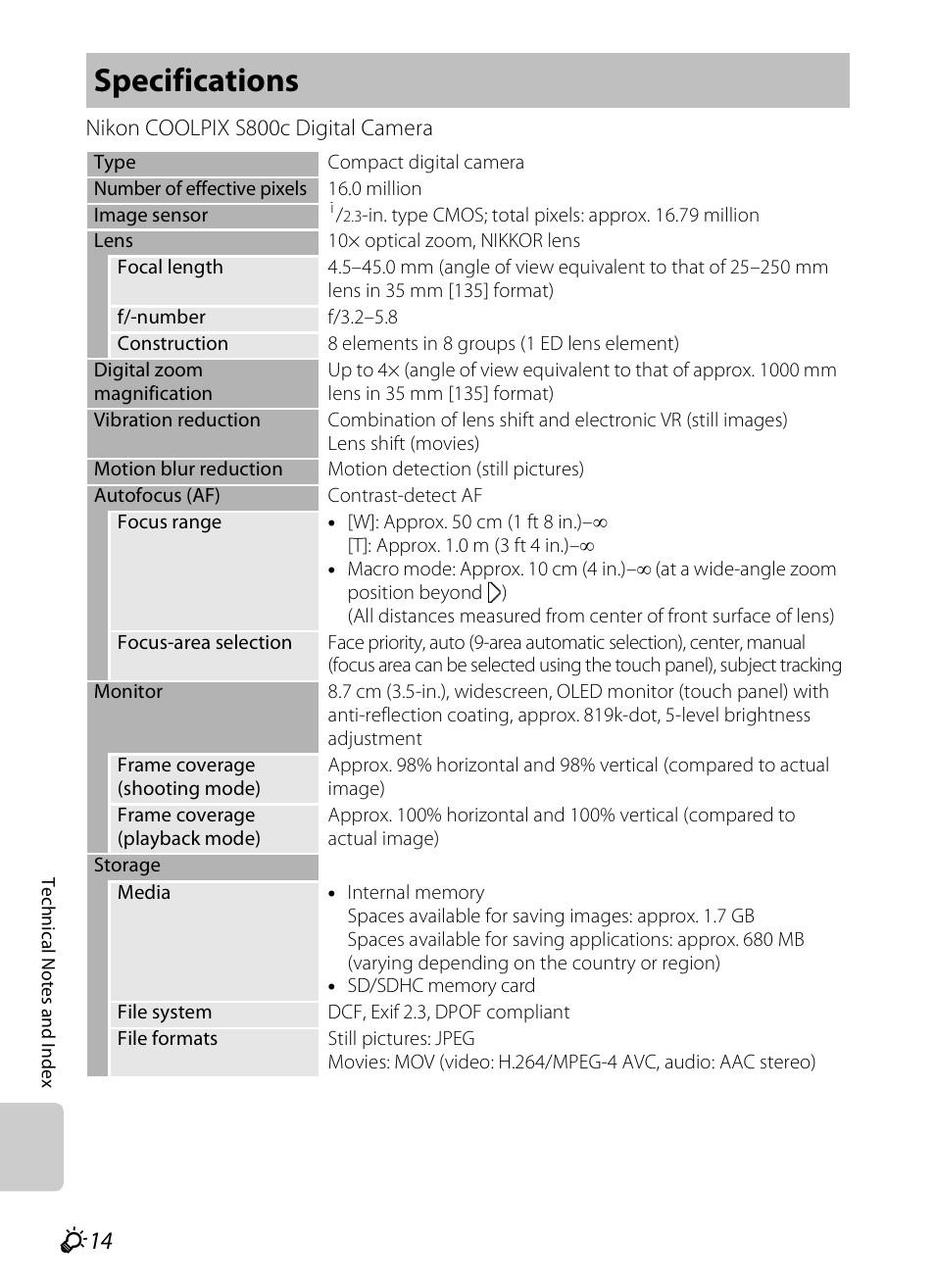 Specifications, Ications, F 14 | Nikon S800c User Manual | Page 210 / 224