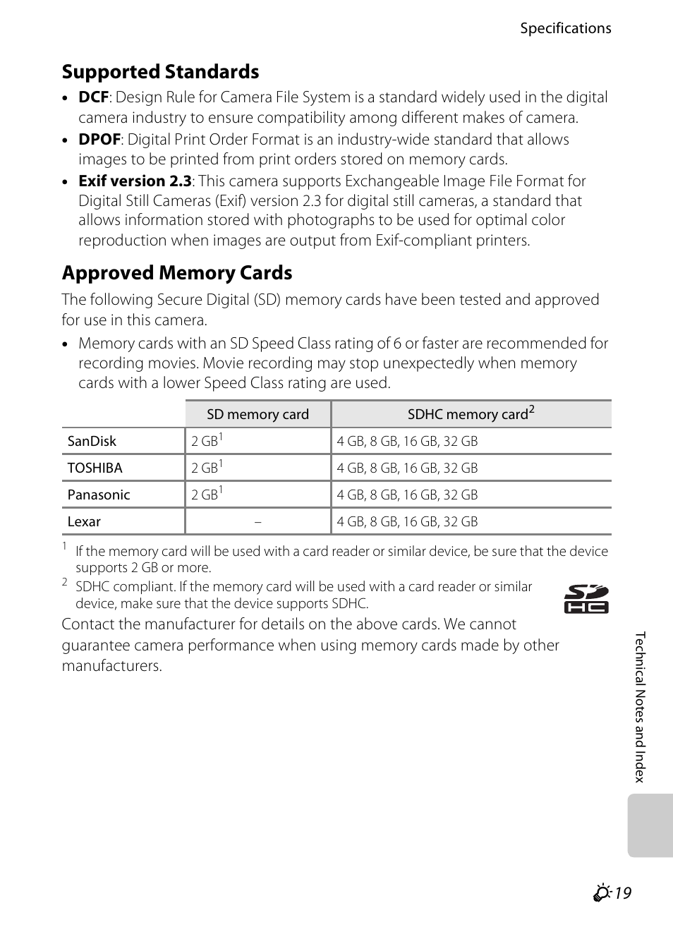 Supported standards, Approved memory cards, Ee “approved memory cards | F19) in “specif, F19 approved memory cards, Approved memory cards” (f19) | Nikon S800c User Manual | Page 215 / 224