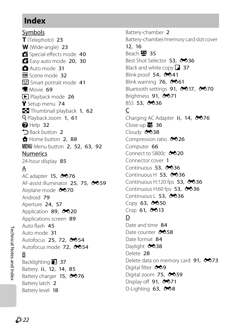 Index, F 22 | Nikon S800c User Manual | Page 218 / 224