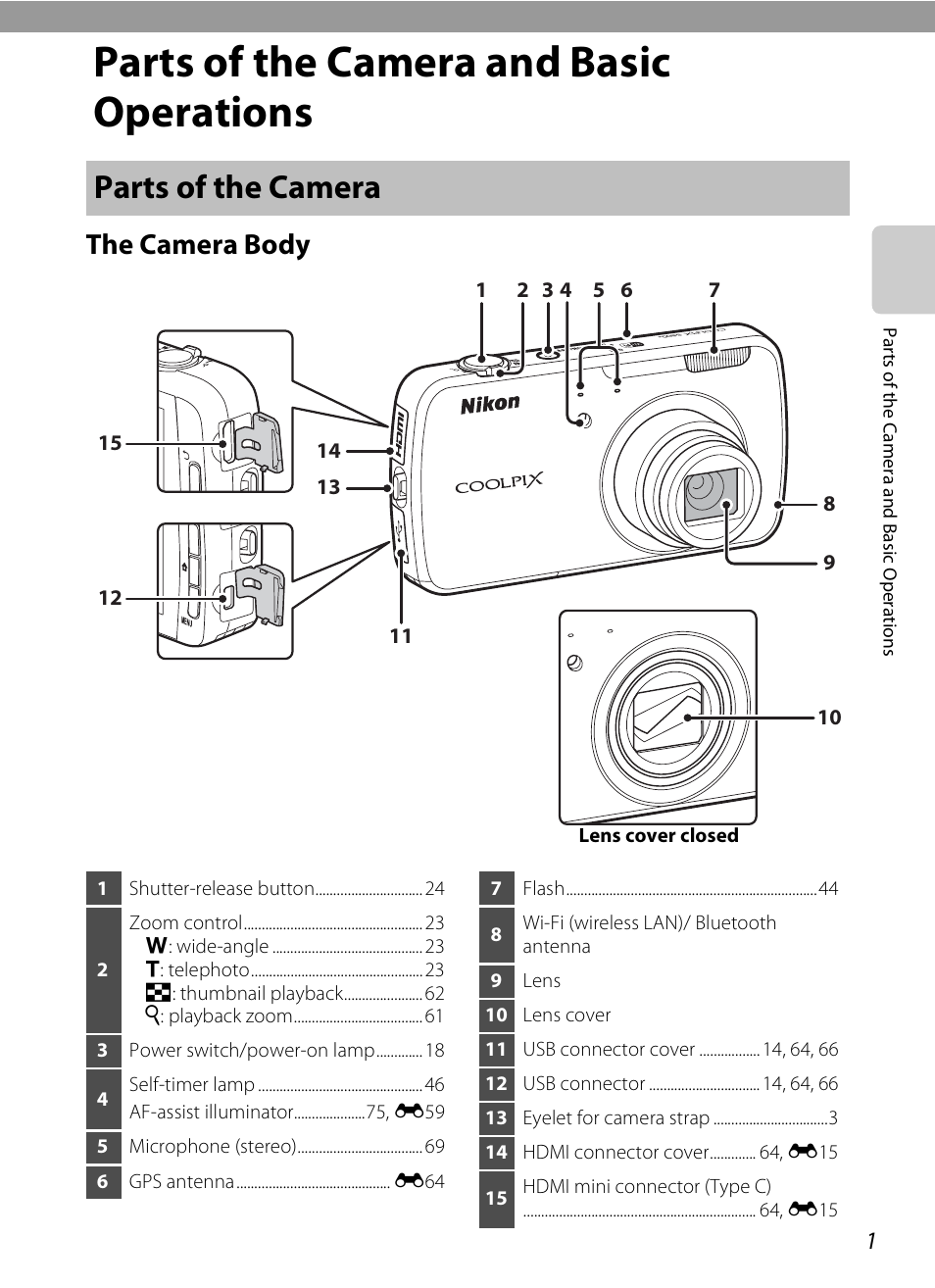 Parts of the camera and basic operations, Parts of the camera, The camera body | E “parts of the camera and basic operations | Nikon S800c User Manual | Page 23 / 224