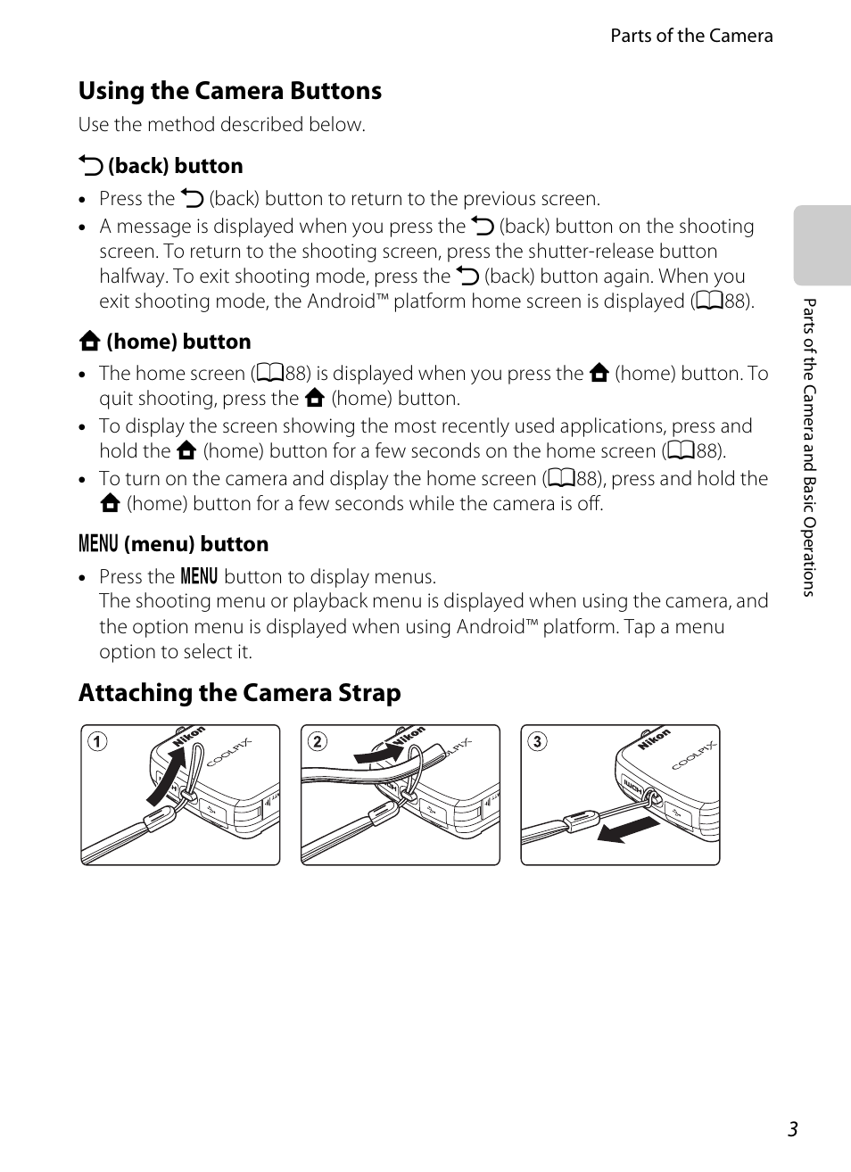 Using the camera buttons, Attaching the camera strap | Nikon S800c User Manual | Page 25 / 224