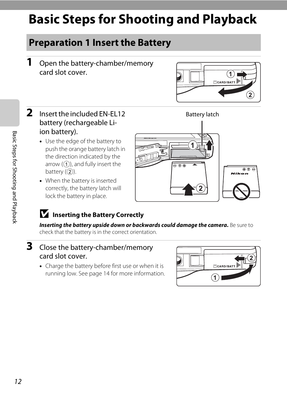 Basic steps for shooting and playback, Preparation 1 insert the battery, E “basic steps for shooting and playback | A12) | Nikon S800c User Manual | Page 34 / 224