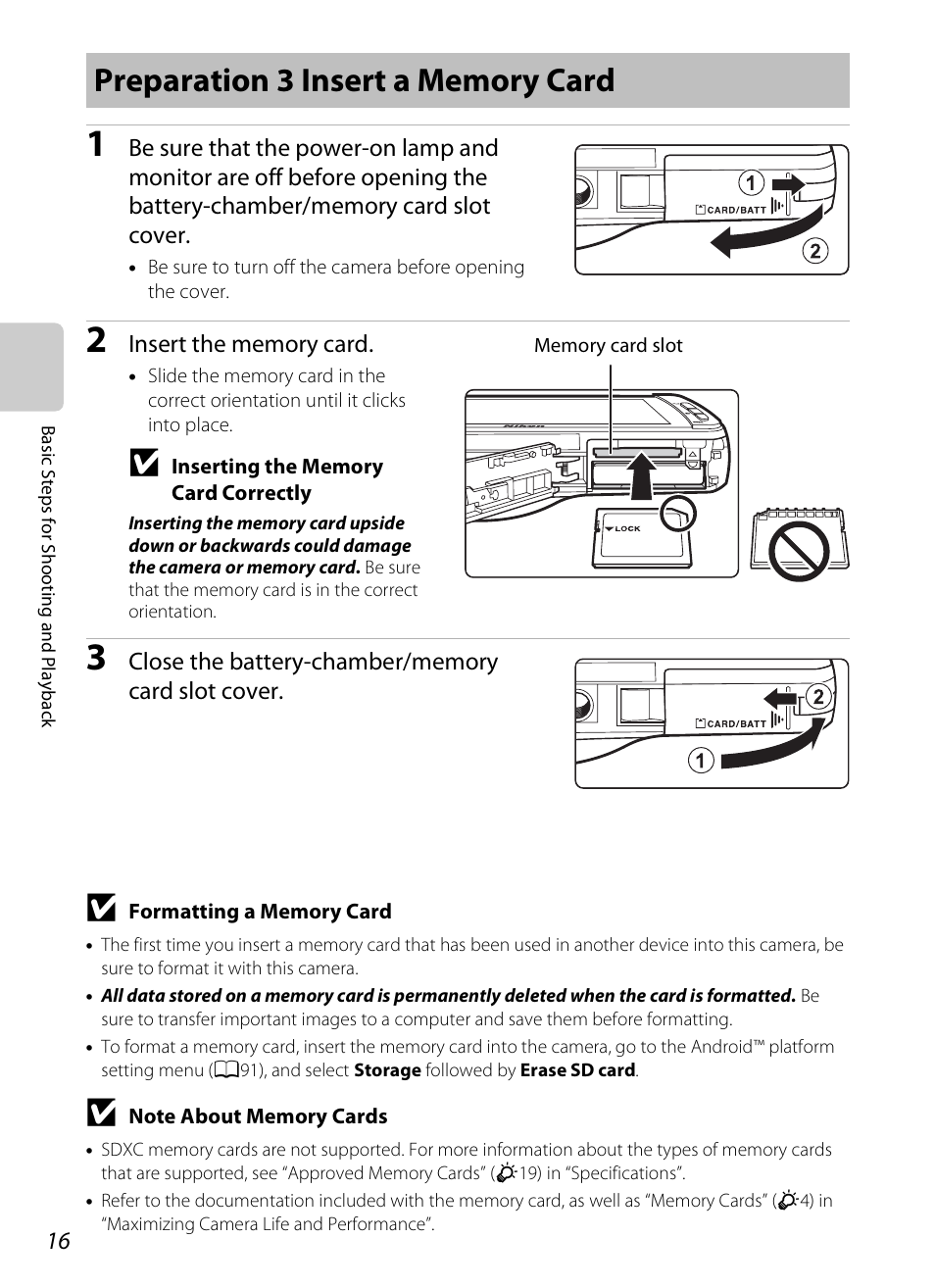 Preparation 3 insert a memory card | Nikon S800c User Manual | Page 38 / 224