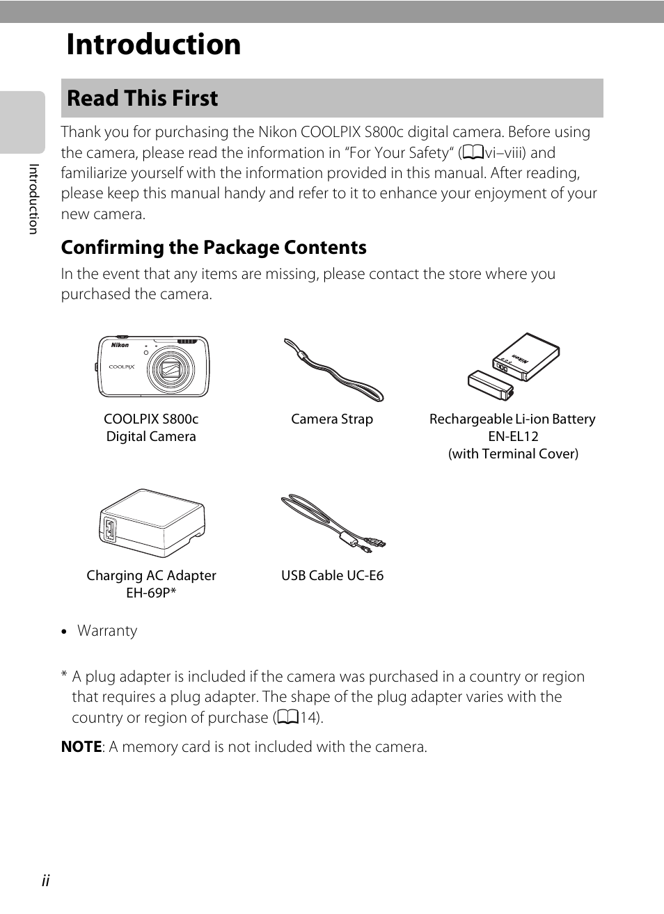 Introduction, Read this first, Confirming the package contents | Nikon S800c User Manual | Page 4 / 224