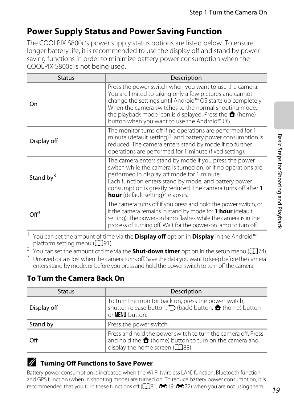 Power supply status and power saving function, A19), See “power supply status and power saving function | Nikon S800c User Manual | Page 41 / 224